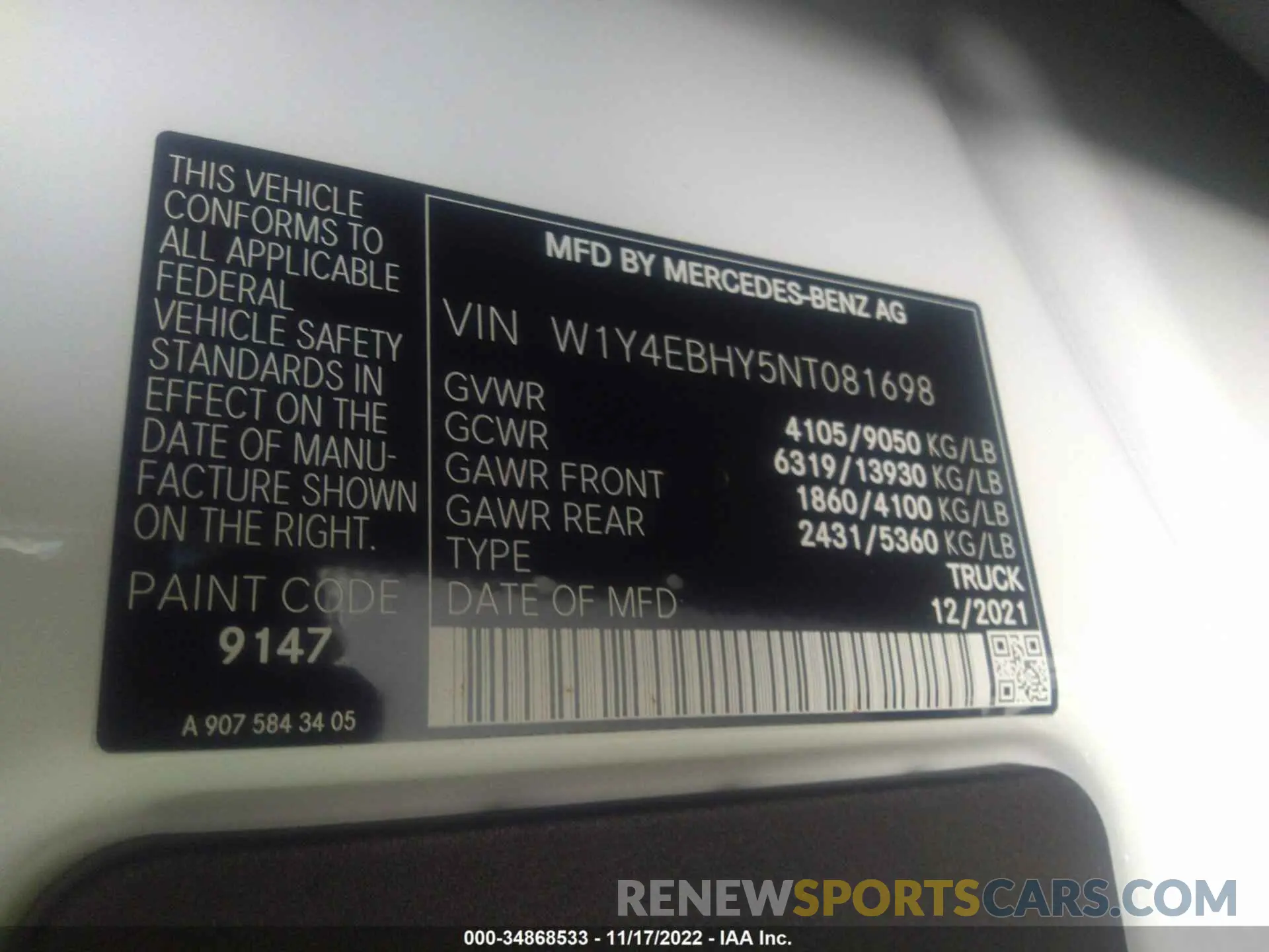 9 fotografías del automóvil dañado W1Y4EBHY5NT081698 MERCEDES-BENZ SPRINTER CARGO VAN 2022