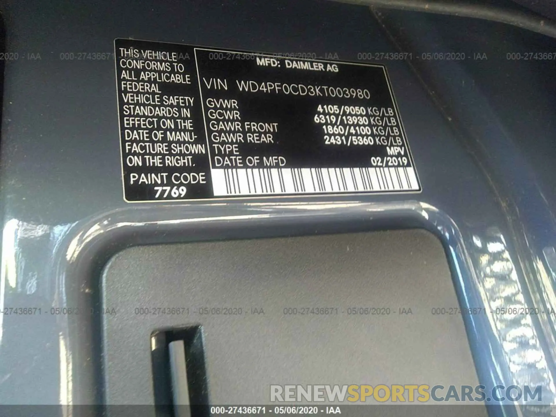 9 fotografías del automóvil dañado WD4PF0CD3KT003980 MERCEDES-BENZ SPRINTER VAN 2019