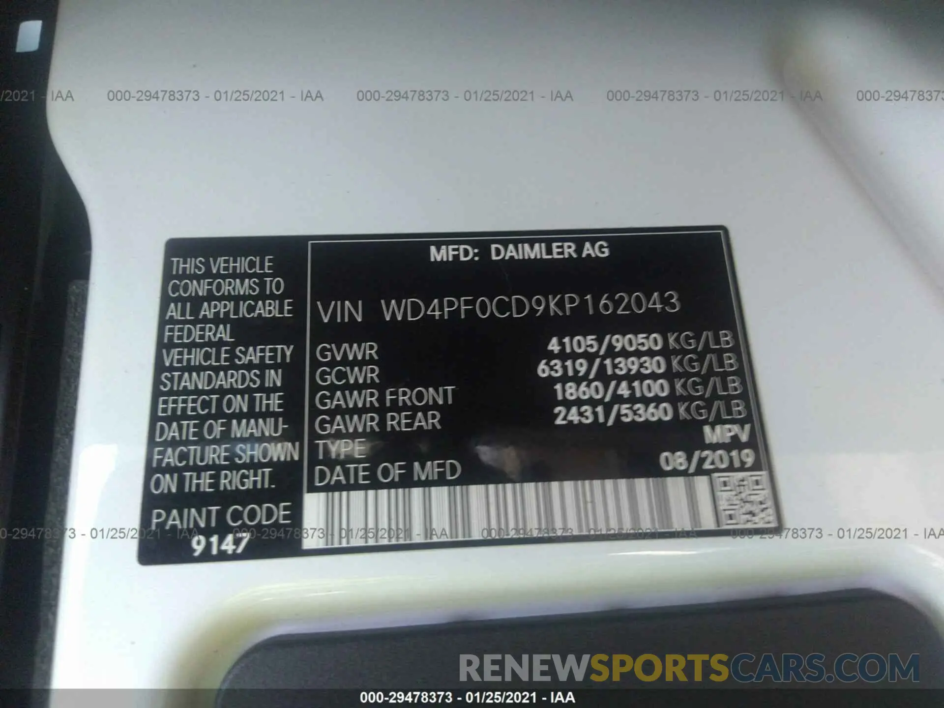 9 fotografías del automóvil dañado WD4PF0CD9KP162043 MERCEDES-BENZ SPRINTER VAN 2019