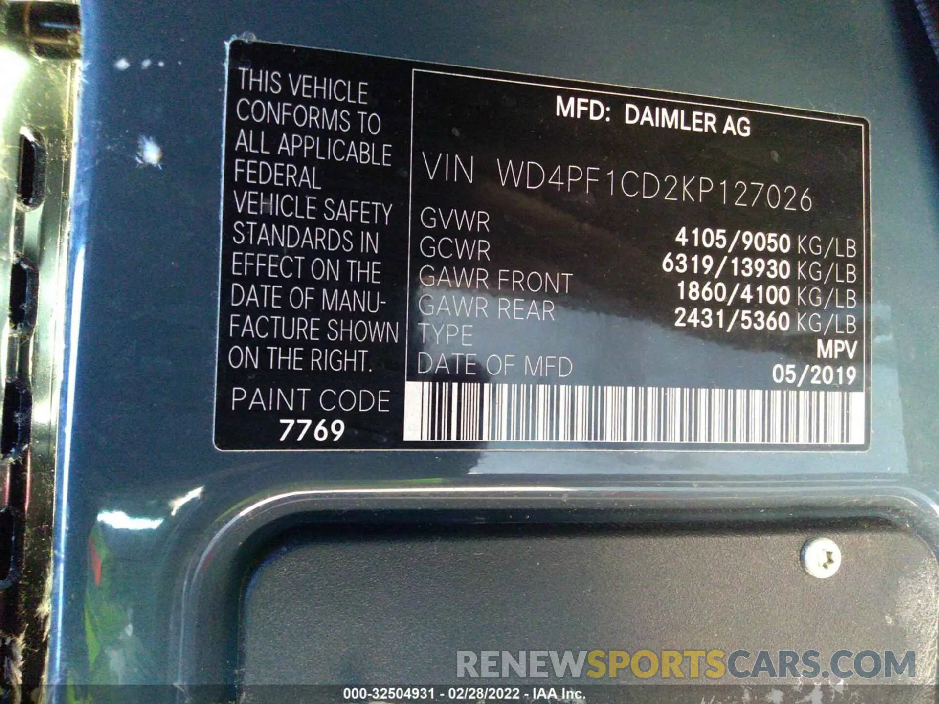 9 fotografías del automóvil dañado WD4PF1CD2KP127026 MERCEDES-BENZ SPRINTER VAN 2019