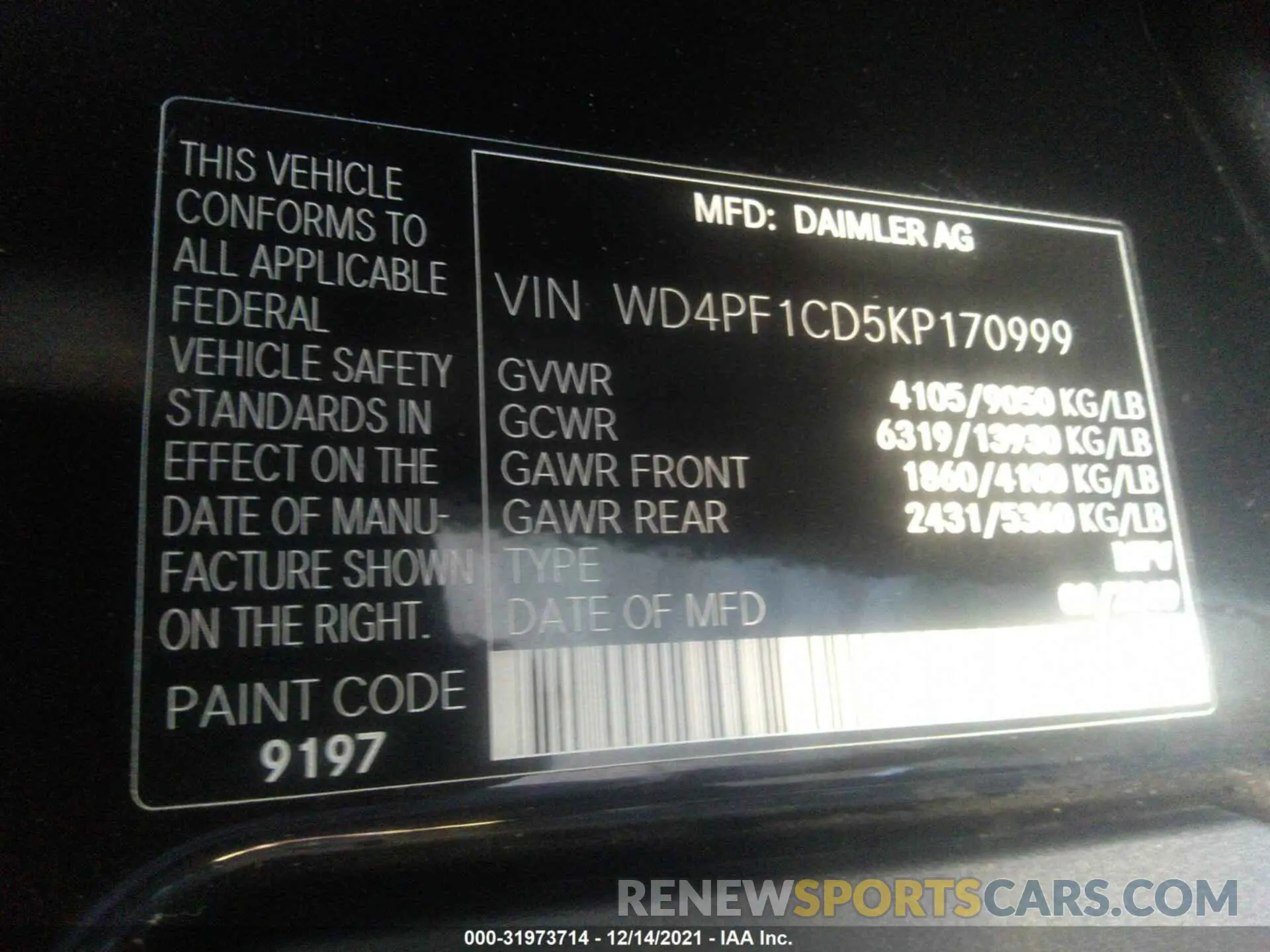 9 fotografías del automóvil dañado WD4PF1CD5KP170999 MERCEDES-BENZ SPRINTER VAN 2019