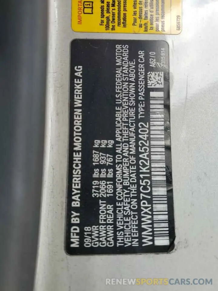 12 fotografías del automóvil dañado WMWXP7C51K2A52402 MINI COOPER 2019