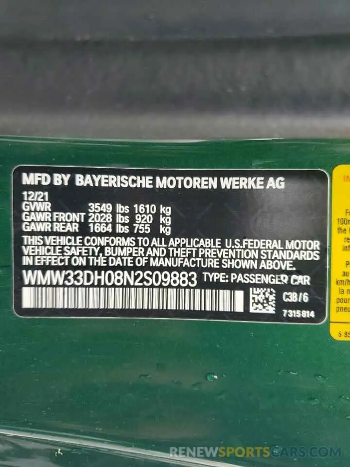 13 fotografías del automóvil dañado WMW33DH08N2S09883 MINI COOPER 2022