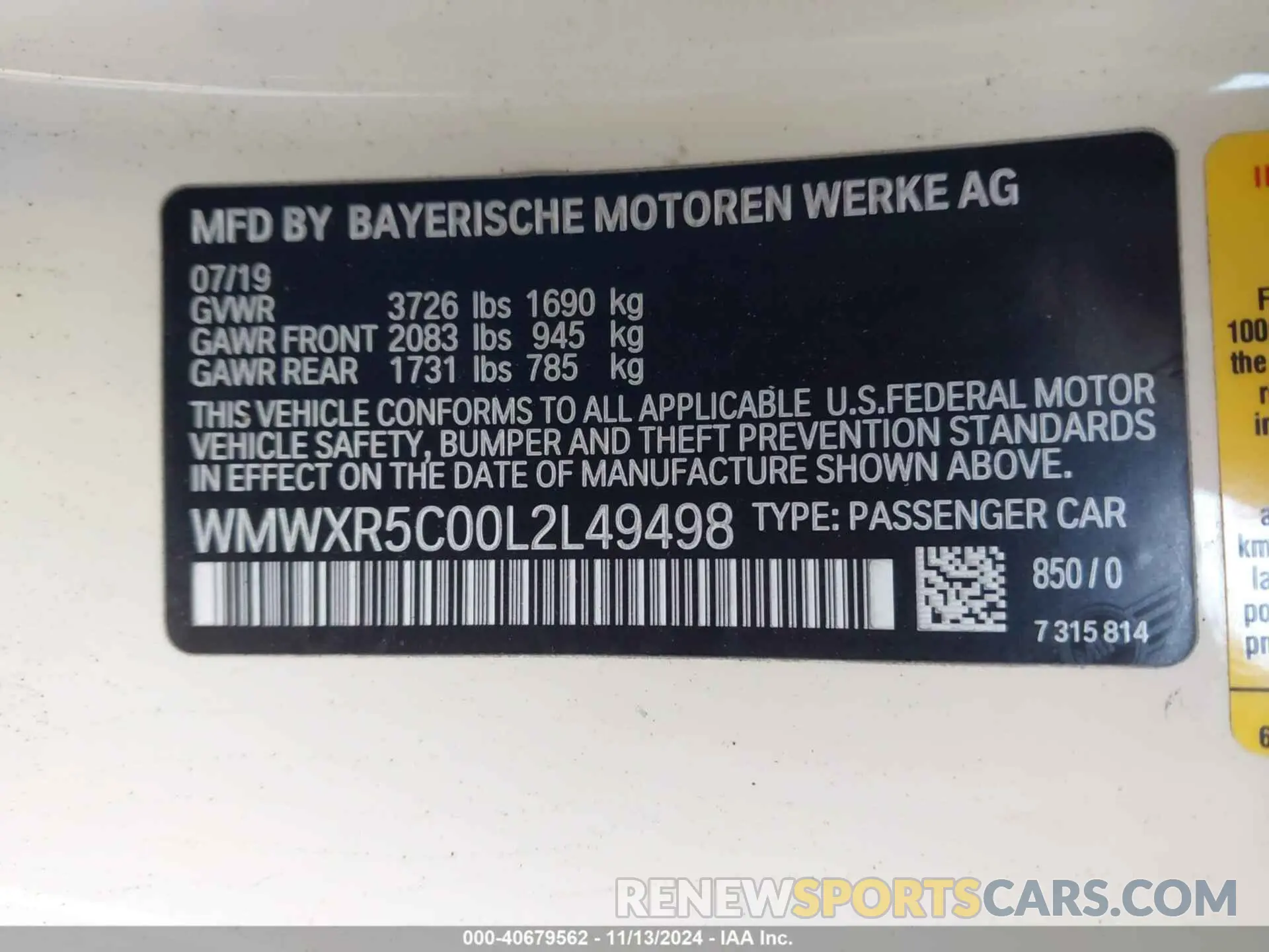 9 fotografías del automóvil dañado WMWXR5C00L2L49498 MINI HARDTOP 2020