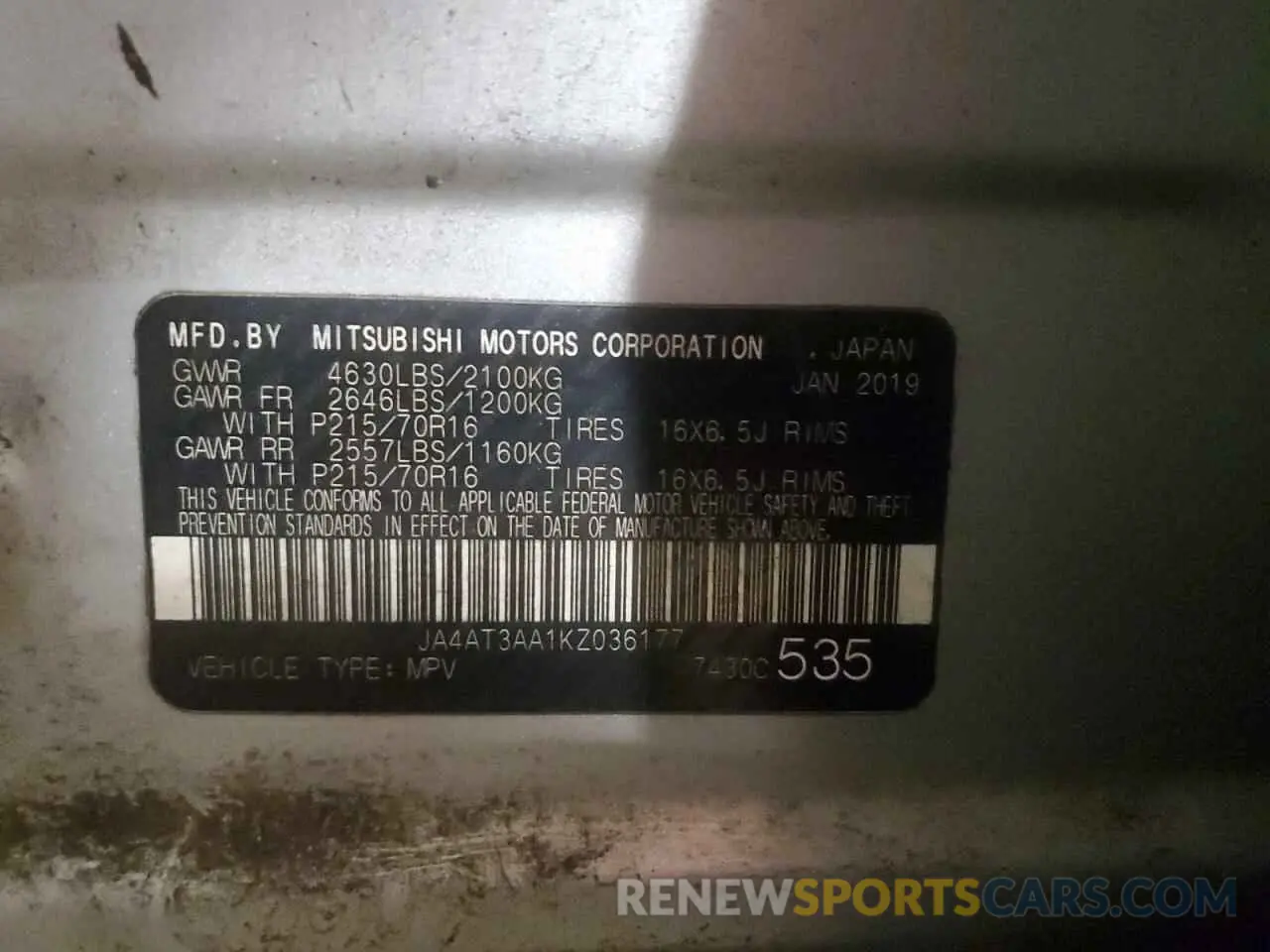 14 fotografías del automóvil dañado JA4AT3AA1KZ036177 MITSUBISHI ECLIPSE 2019