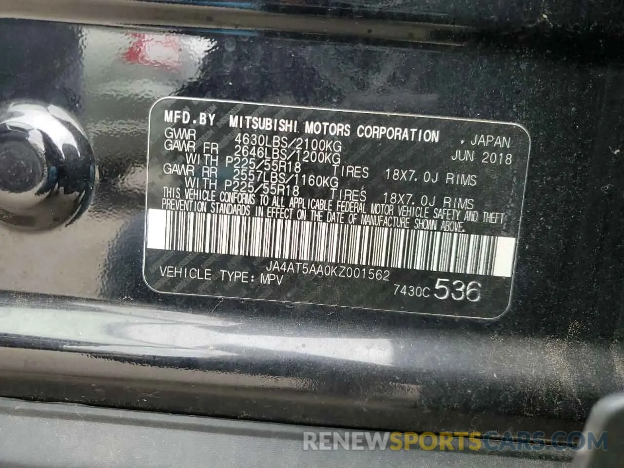 14 fotografías del automóvil dañado JA4AT5AA0KZ001562 MITSUBISHI ECLIPSE 2019