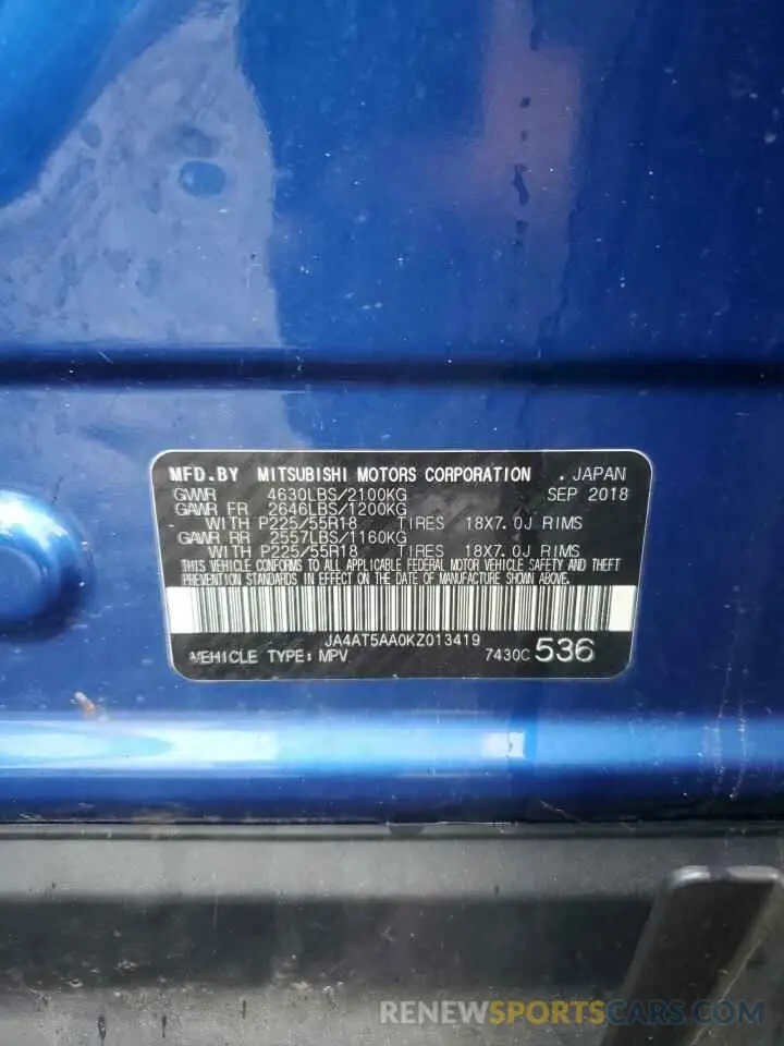 13 fotografías del automóvil dañado JA4AT5AA0KZ013419 MITSUBISHI ECLIPSE 2019