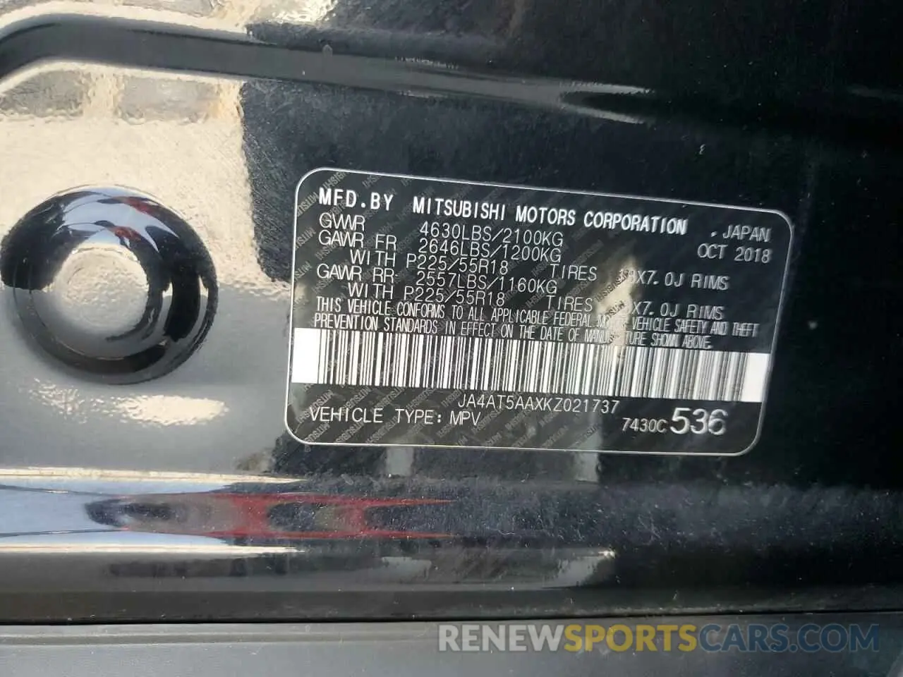 12 fotografías del automóvil dañado JA4AT5AAXKZ021737 MITSUBISHI ECLIPSE 2019