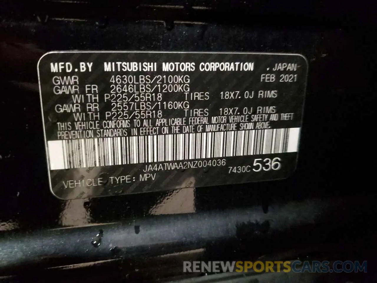14 fotografías del automóvil dañado JA4ATWAA2NZ004036 MITSUBISHI ECLIPSE 2022