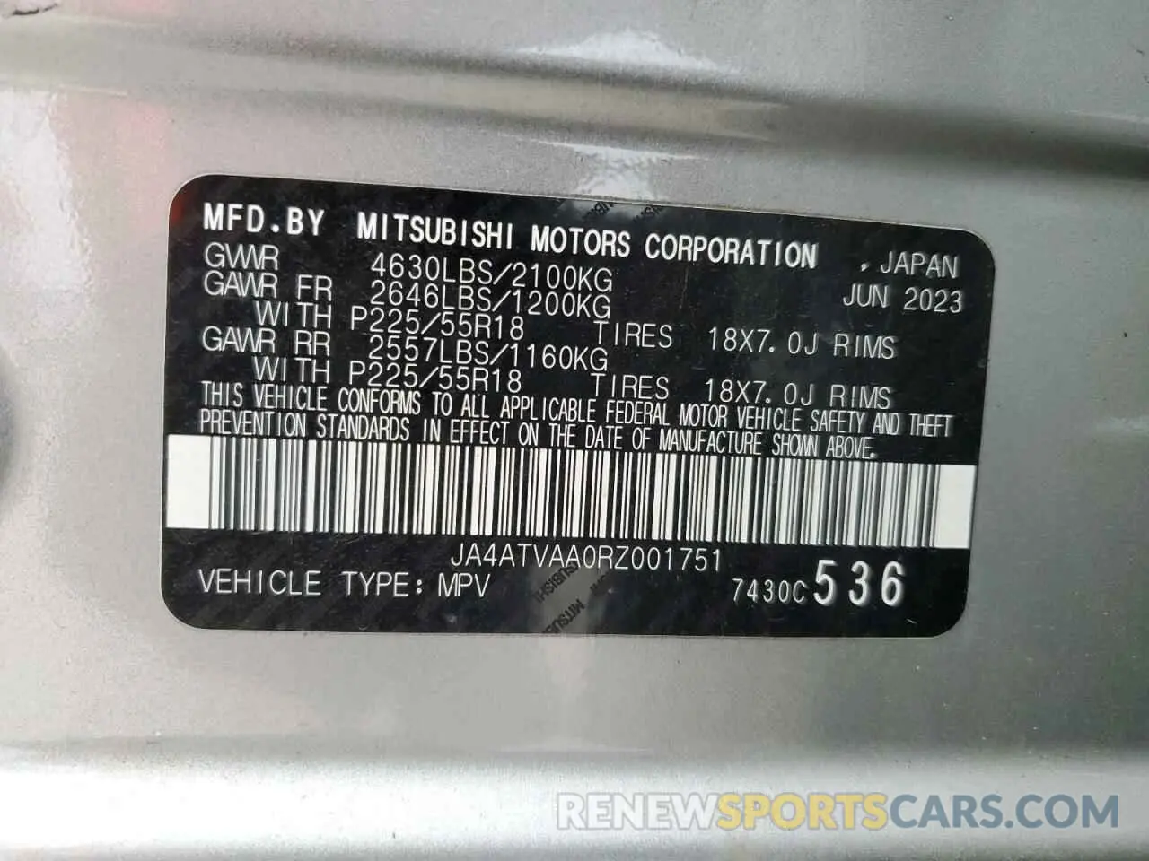 13 fotografías del automóvil dañado JA4ATVAA0RZ001751 MITSUBISHI ECLIPSE 2024