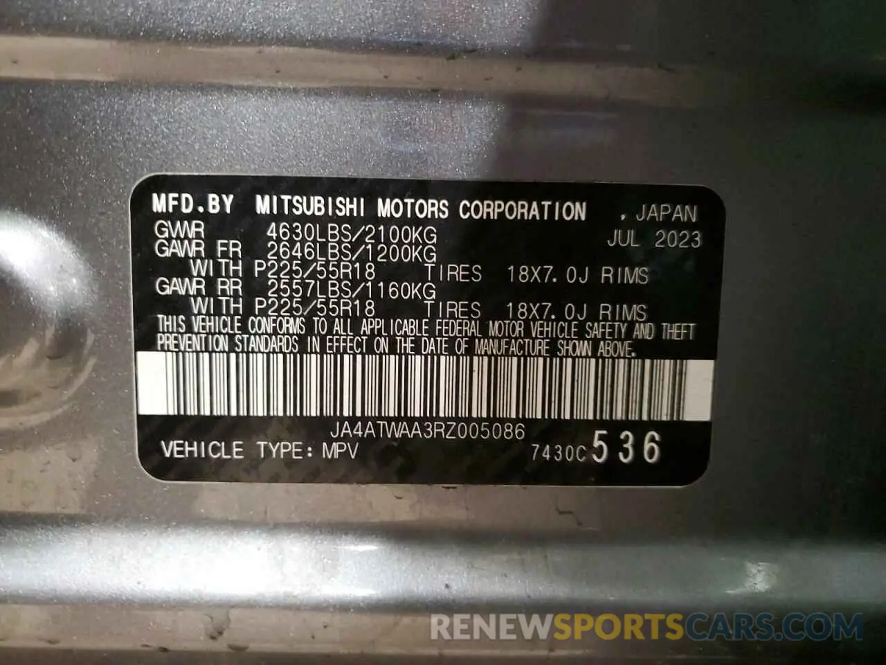 14 fotografías del automóvil dañado JA4ATWAA3RZ005086 MITSUBISHI ECLIPSE 2024