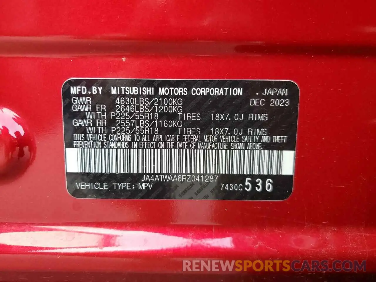 15 fotografías del automóvil dañado JA4ATWAA6RZ041287 MITSUBISHI ECLIPSE 2024