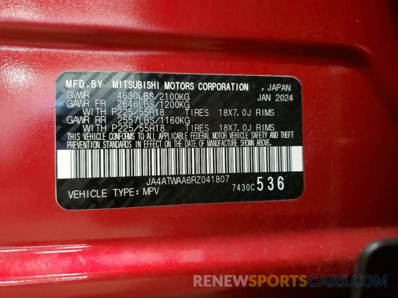 14 fotografías del automóvil dañado JA4ATWAA6RZ041807 MITSUBISHI ECLIPSE 2024