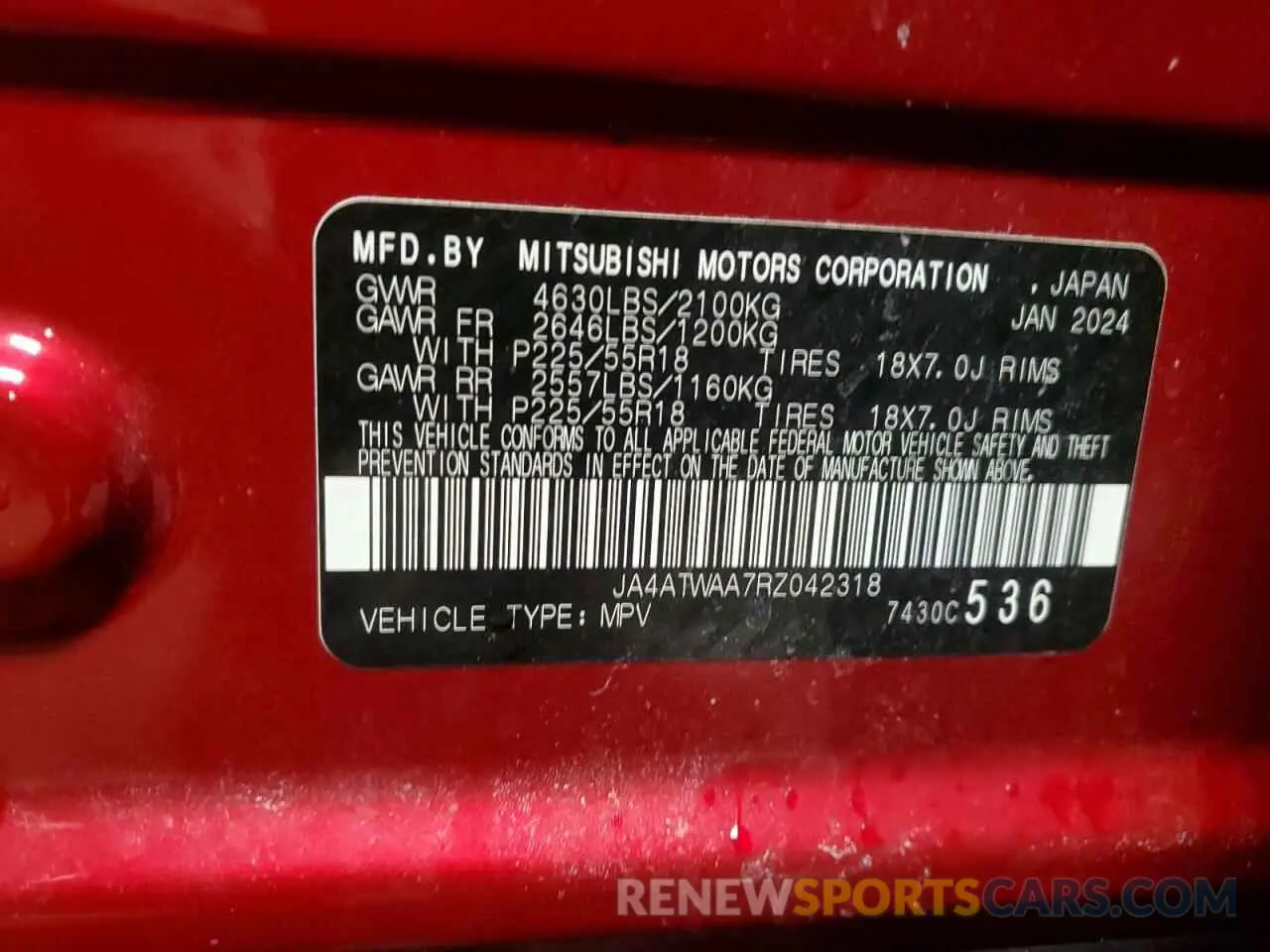 14 fotografías del automóvil dañado JA4ATWAA7RZ042318 MITSUBISHI ECLIPSE 2024
