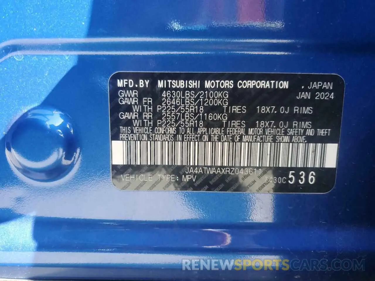 14 fotografías del automóvil dañado JA4ATWAAXRZ043611 MITSUBISHI ECLIPSE 2024