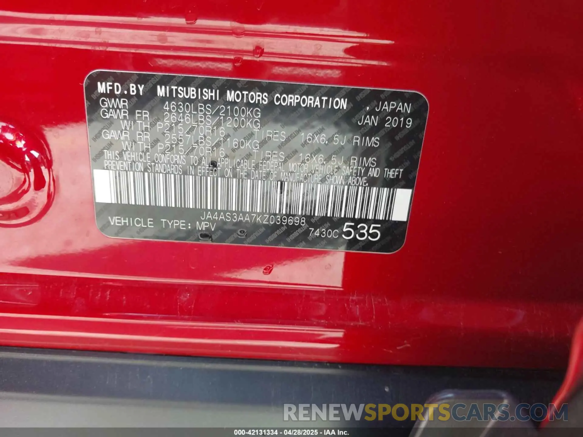 9 fotografías del automóvil dañado JA4AS3AA7KZ039698 MITSUBISHI ECLIPSE CROSS 2019