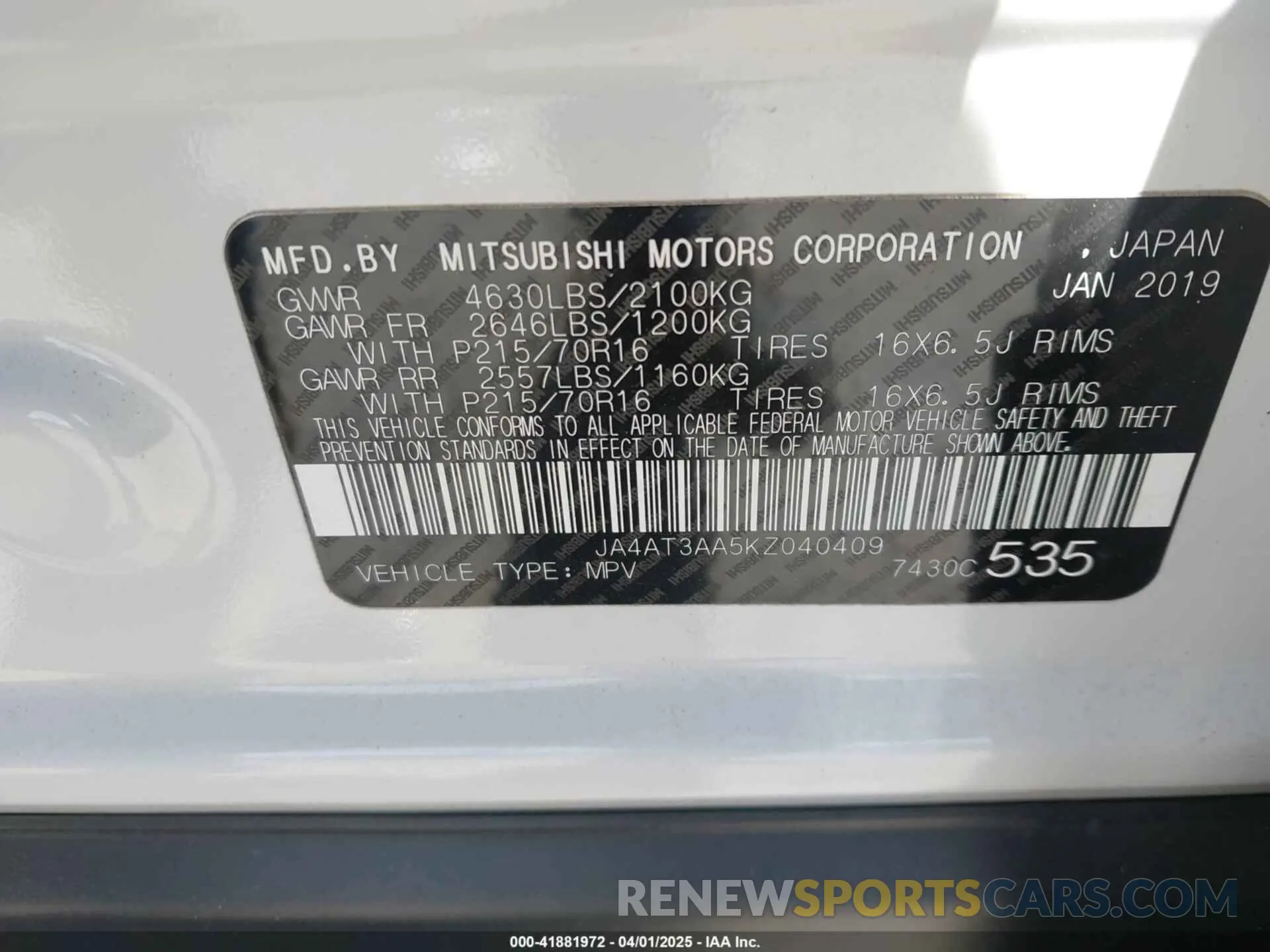 9 fotografías del automóvil dañado JA4AT3AA5KZ040409 MITSUBISHI ECLIPSE CROSS 2019