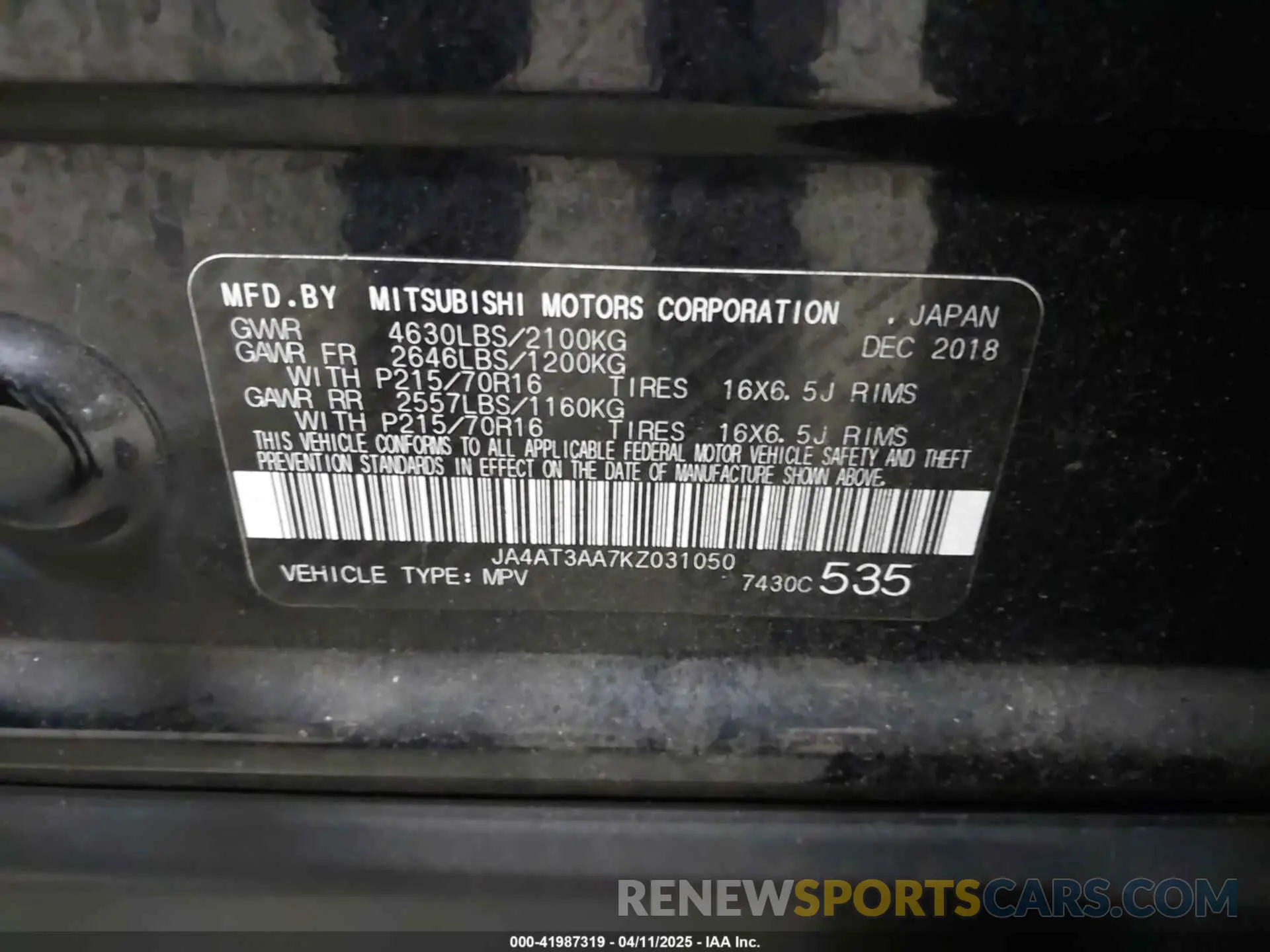 9 fotografías del automóvil dañado JA4AT3AA7KZ031050 MITSUBISHI ECLIPSE CROSS 2019