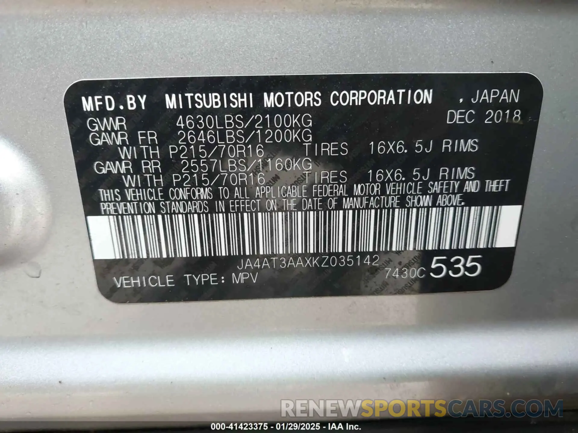 9 fotografías del automóvil dañado JA4AT3AAXKZ035142 MITSUBISHI ECLIPSE CROSS 2019