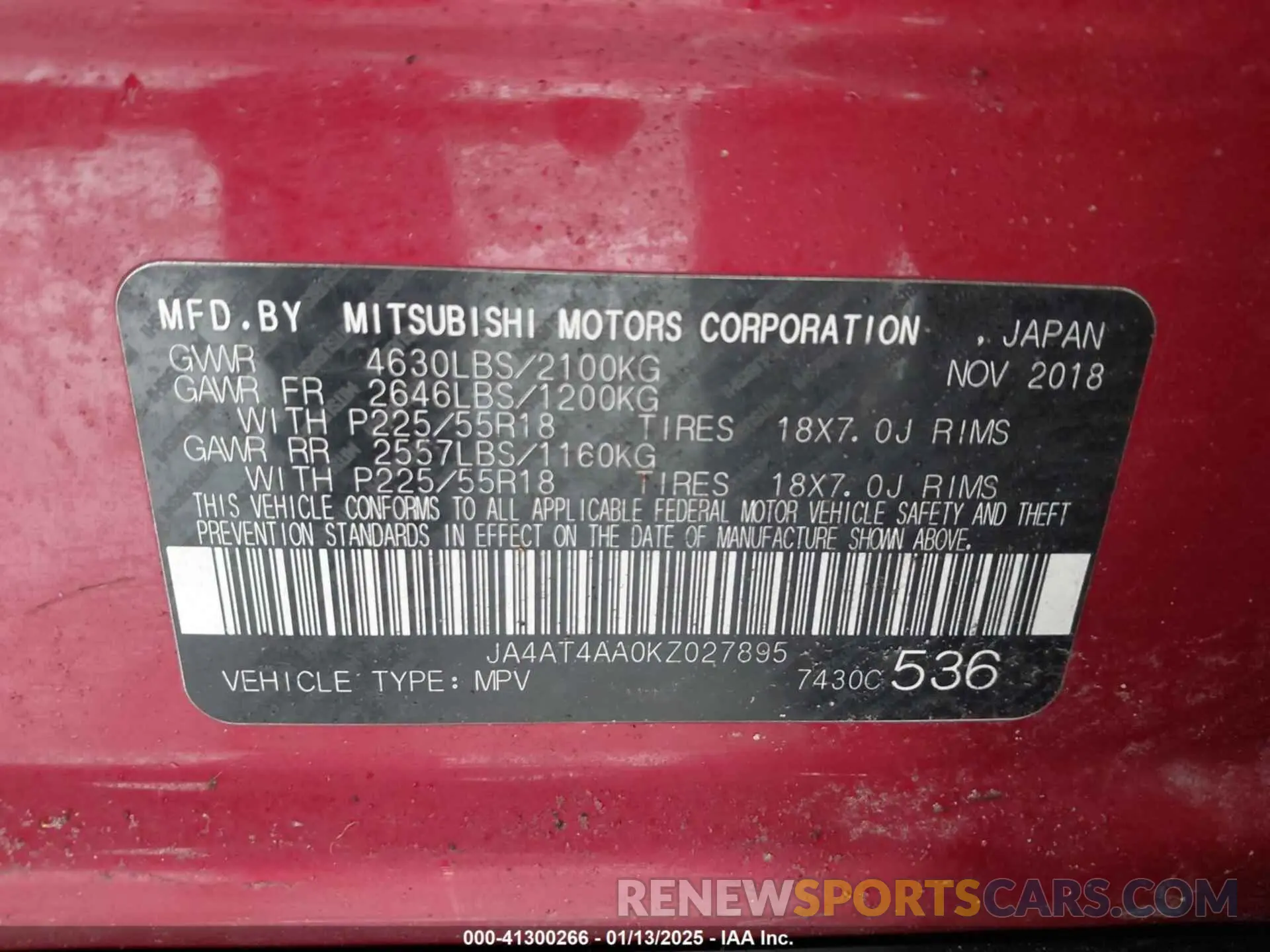 9 fotografías del automóvil dañado JA4AT4AA0KZ027895 MITSUBISHI ECLIPSE CROSS 2019