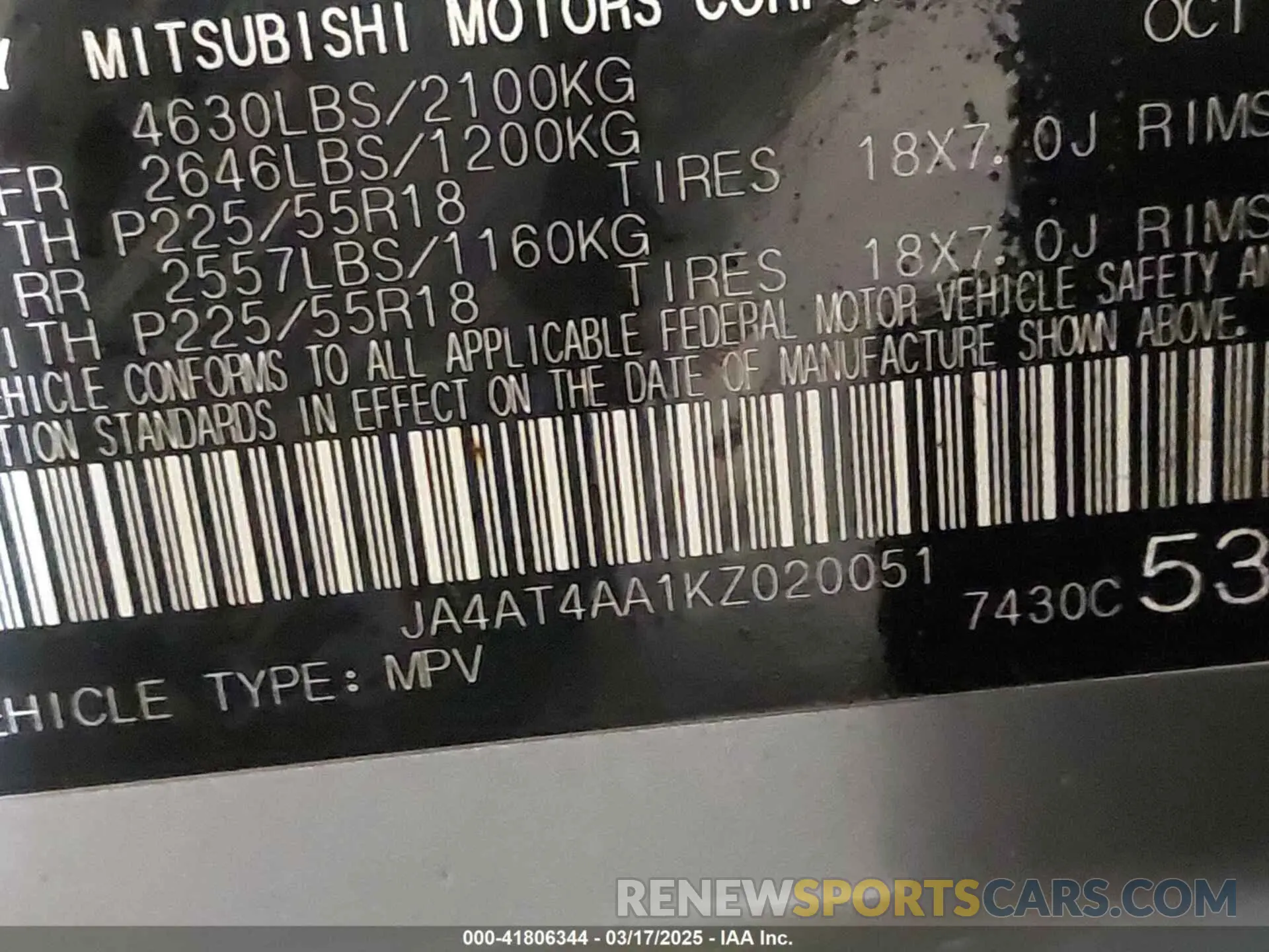 9 fotografías del automóvil dañado JA4AT4AA1KZ020051 MITSUBISHI ECLIPSE CROSS 2019