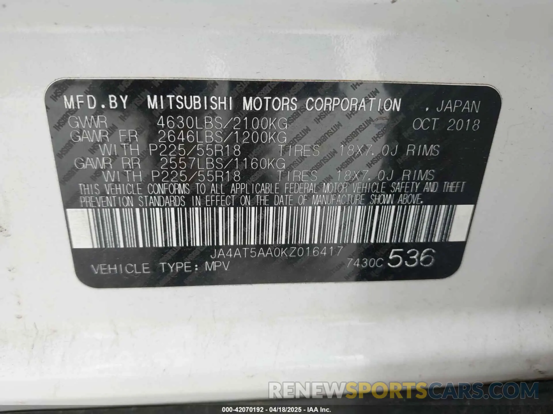 9 fotografías del automóvil dañado JA4AT5AA0KZ016417 MITSUBISHI ECLIPSE CROSS 2019