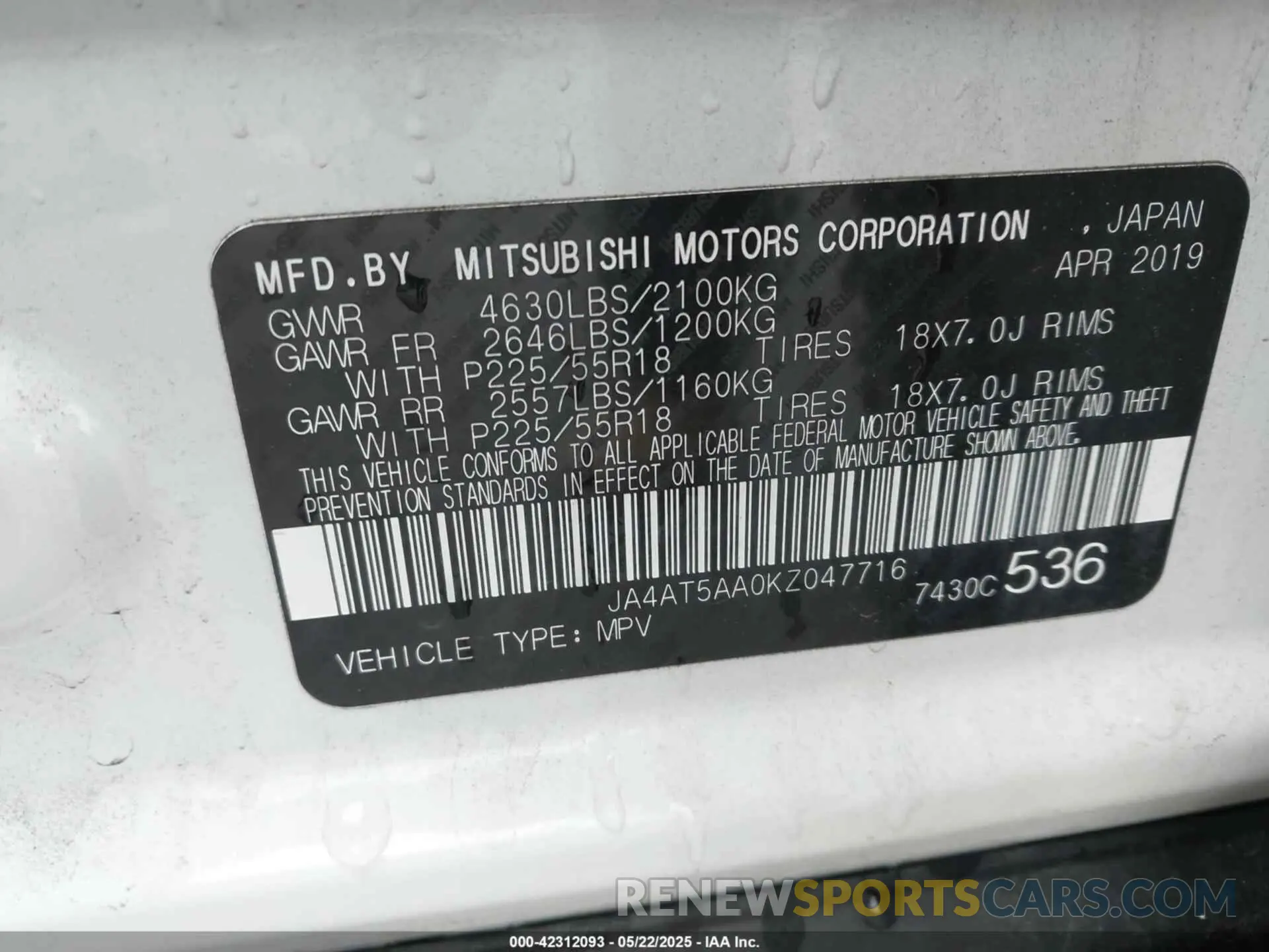 9 fotografías del automóvil dañado JA4AT5AA0KZ047716 MITSUBISHI ECLIPSE CROSS 2019