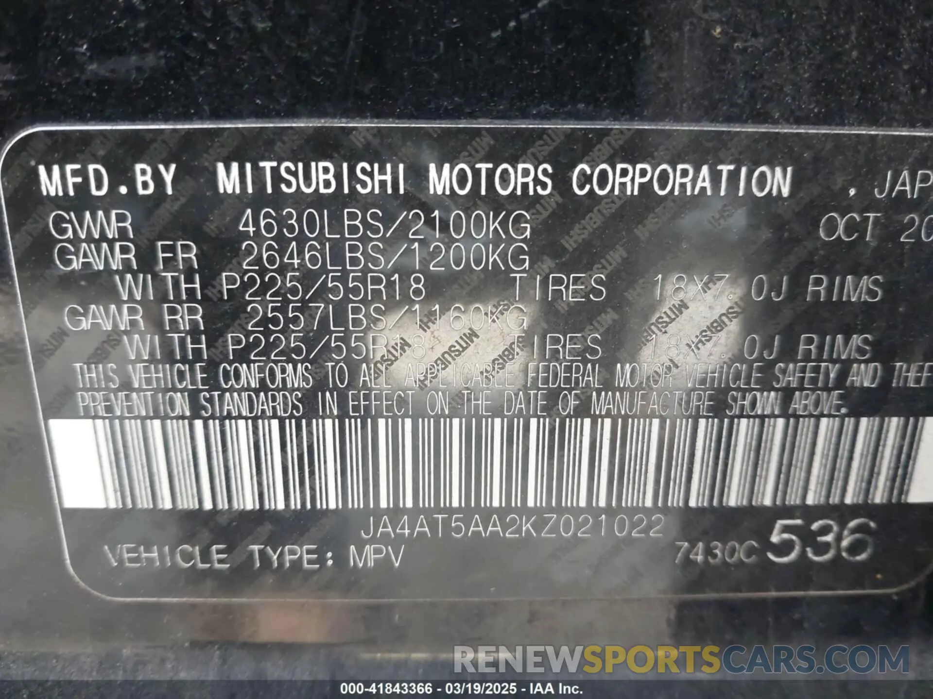9 fotografías del automóvil dañado JA4AT5AA2KZ021022 MITSUBISHI ECLIPSE CROSS 2019