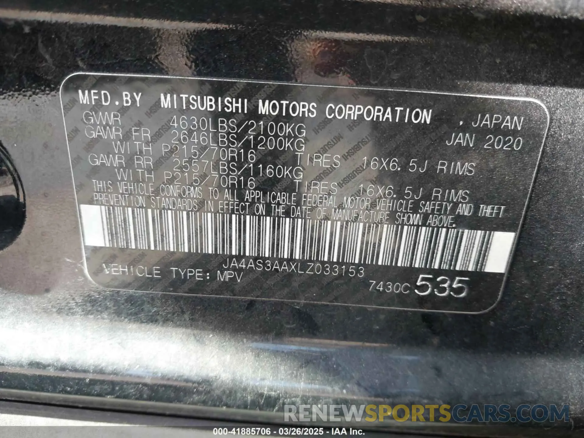 9 fotografías del automóvil dañado JA4AS3AAXLZ033153 MITSUBISHI ECLIPSE CROSS 2020