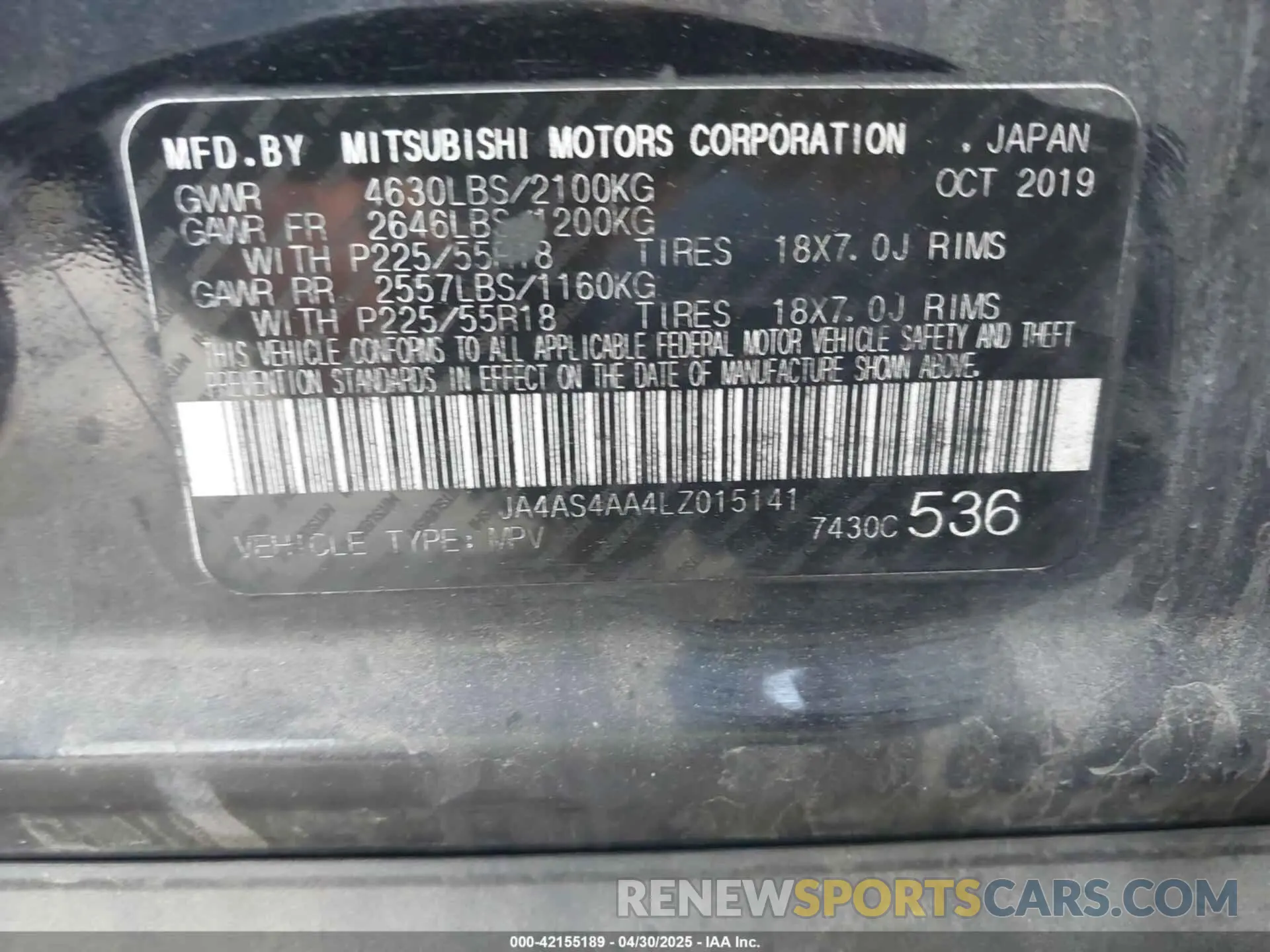 9 fotografías del automóvil dañado JA4AS4AA4LZ015141 MITSUBISHI ECLIPSE CROSS 2020