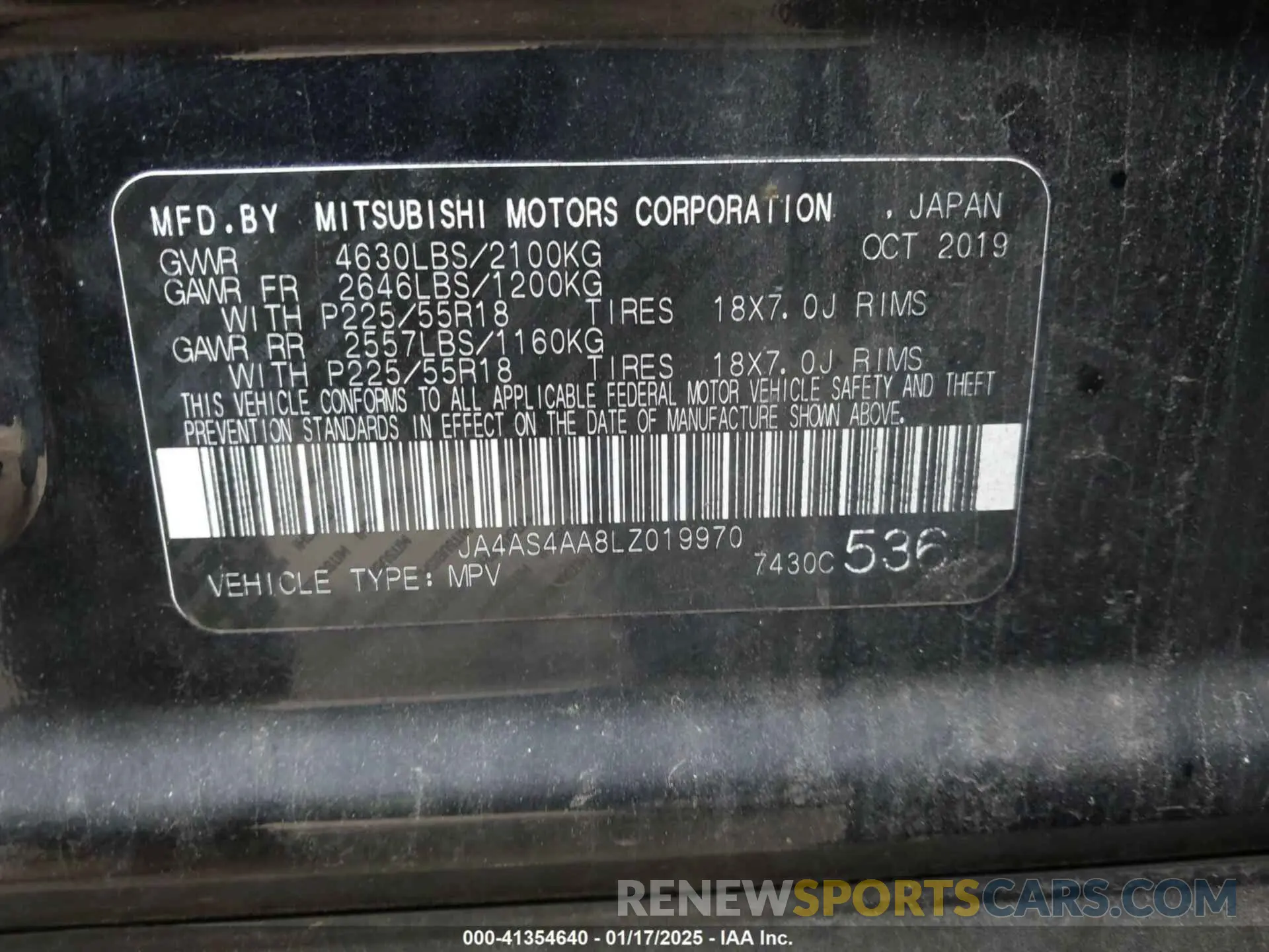9 fotografías del automóvil dañado JA4AS4AA8LZ019970 MITSUBISHI ECLIPSE CROSS 2020