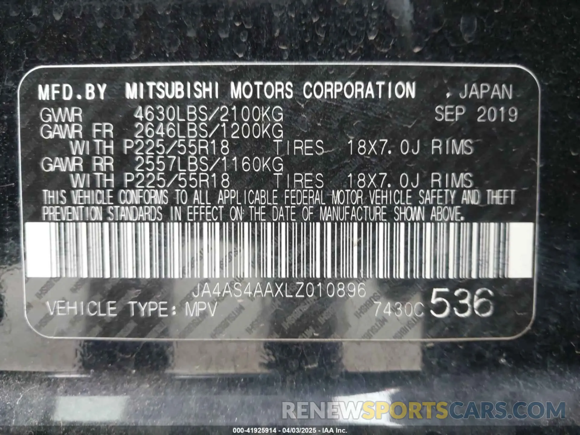 9 fotografías del automóvil dañado JA4AS4AAXLZ010896 MITSUBISHI ECLIPSE CROSS 2020