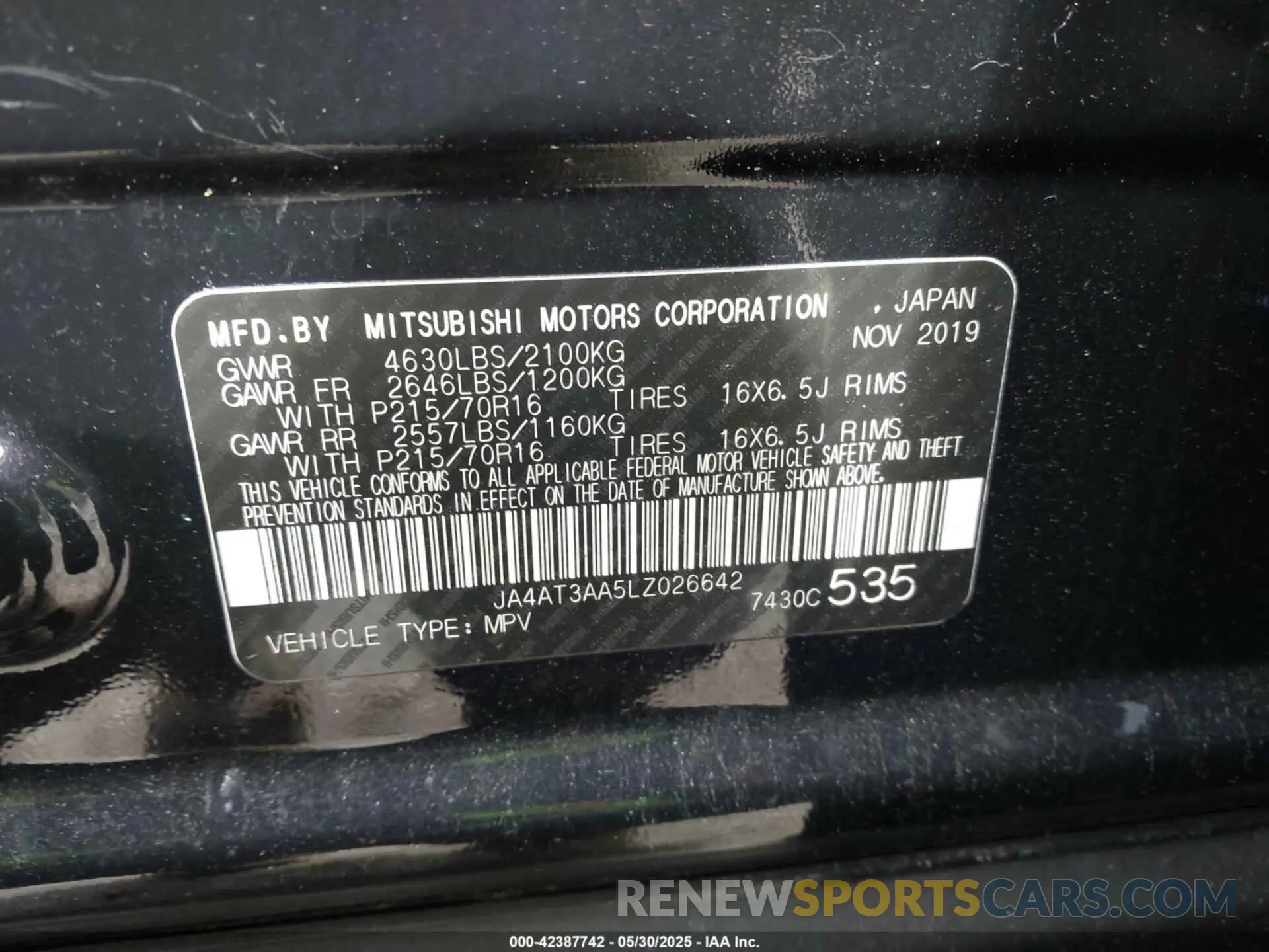 9 fotografías del automóvil dañado JA4AT3AA5LZ026642 MITSUBISHI ECLIPSE CROSS 2020