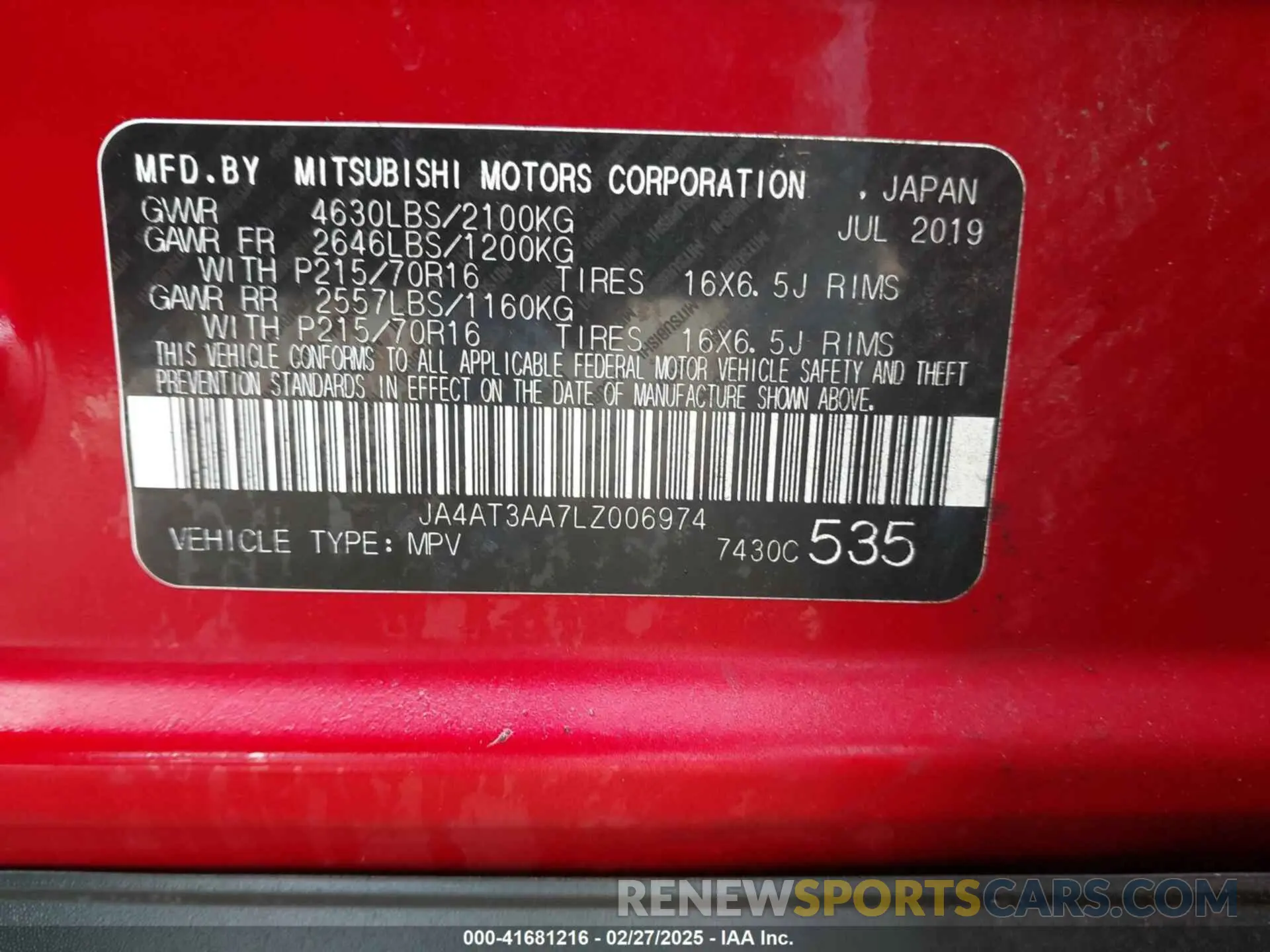9 fotografías del automóvil dañado JA4AT3AA7LZ006974 MITSUBISHI ECLIPSE CROSS 2020