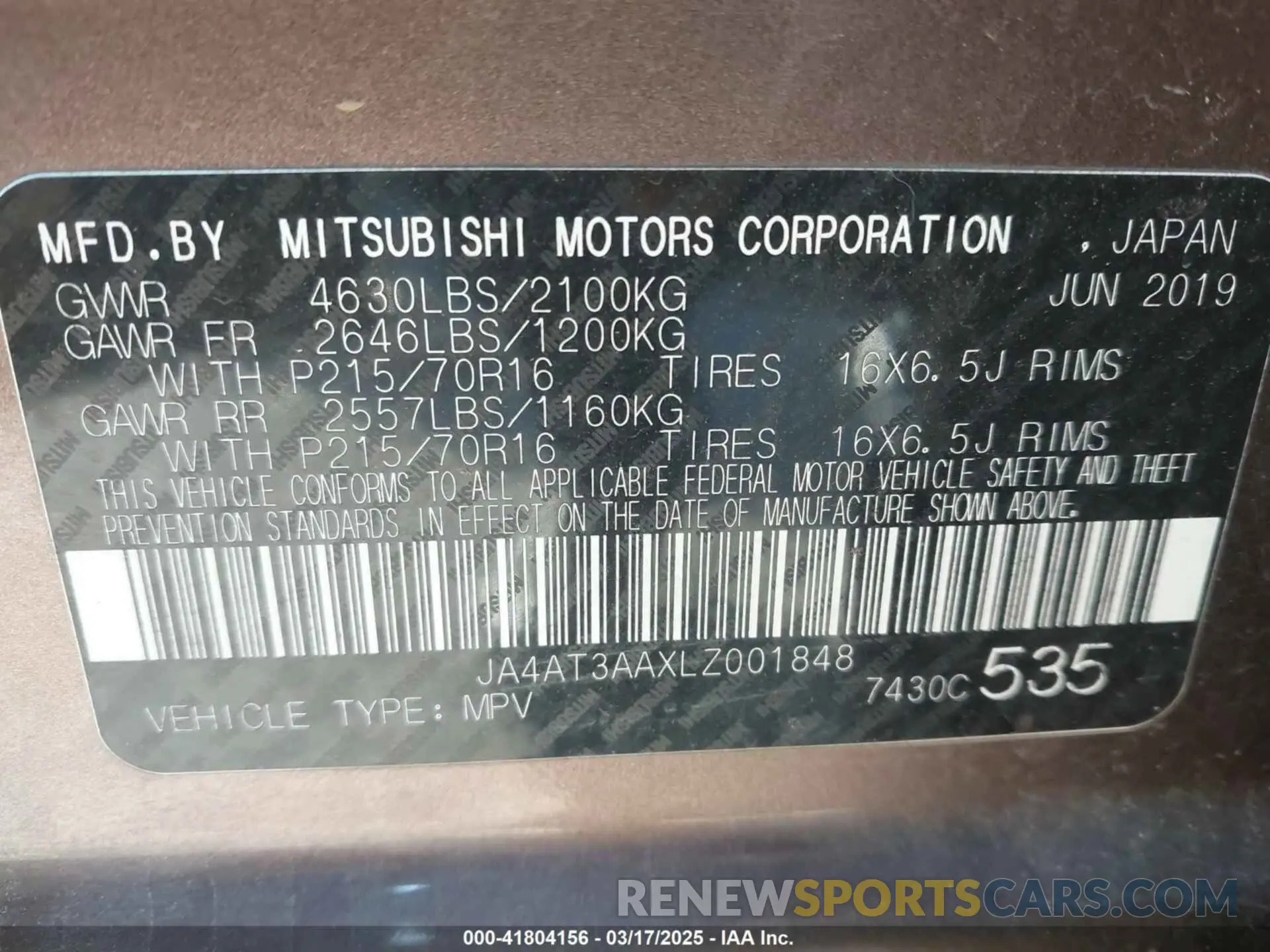 9 fotografías del automóvil dañado JA4AT3AAXLZ001848 MITSUBISHI ECLIPSE CROSS 2020