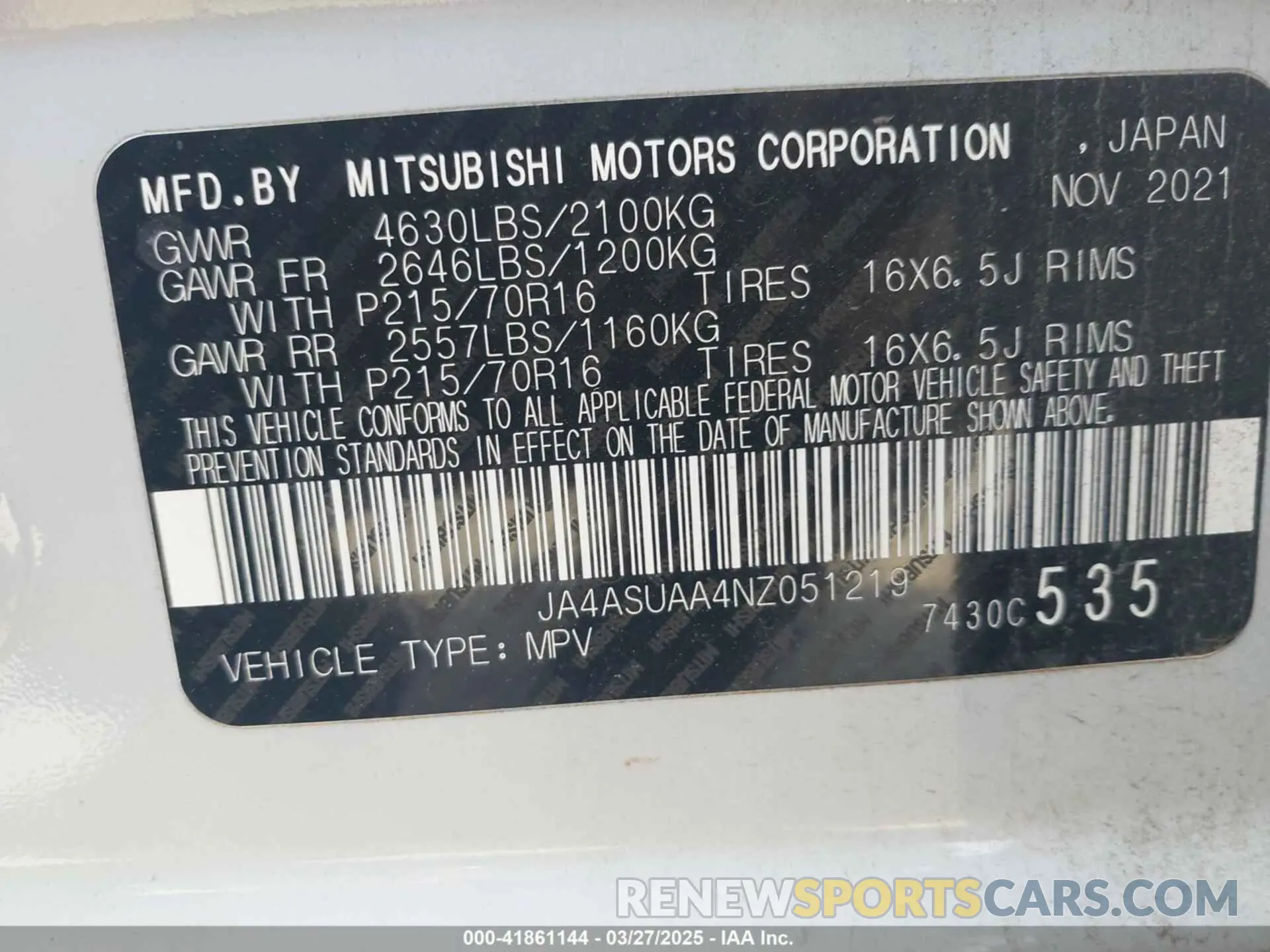 9 fotografías del automóvil dañado JA4ASUAA4NZ051219 MITSUBISHI ECLIPSE CROSS 2022