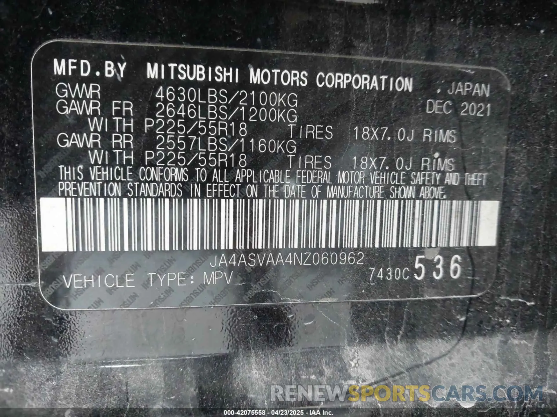 9 fotografías del automóvil dañado JA4ASVAA4NZ060962 MITSUBISHI ECLIPSE CROSS 2022