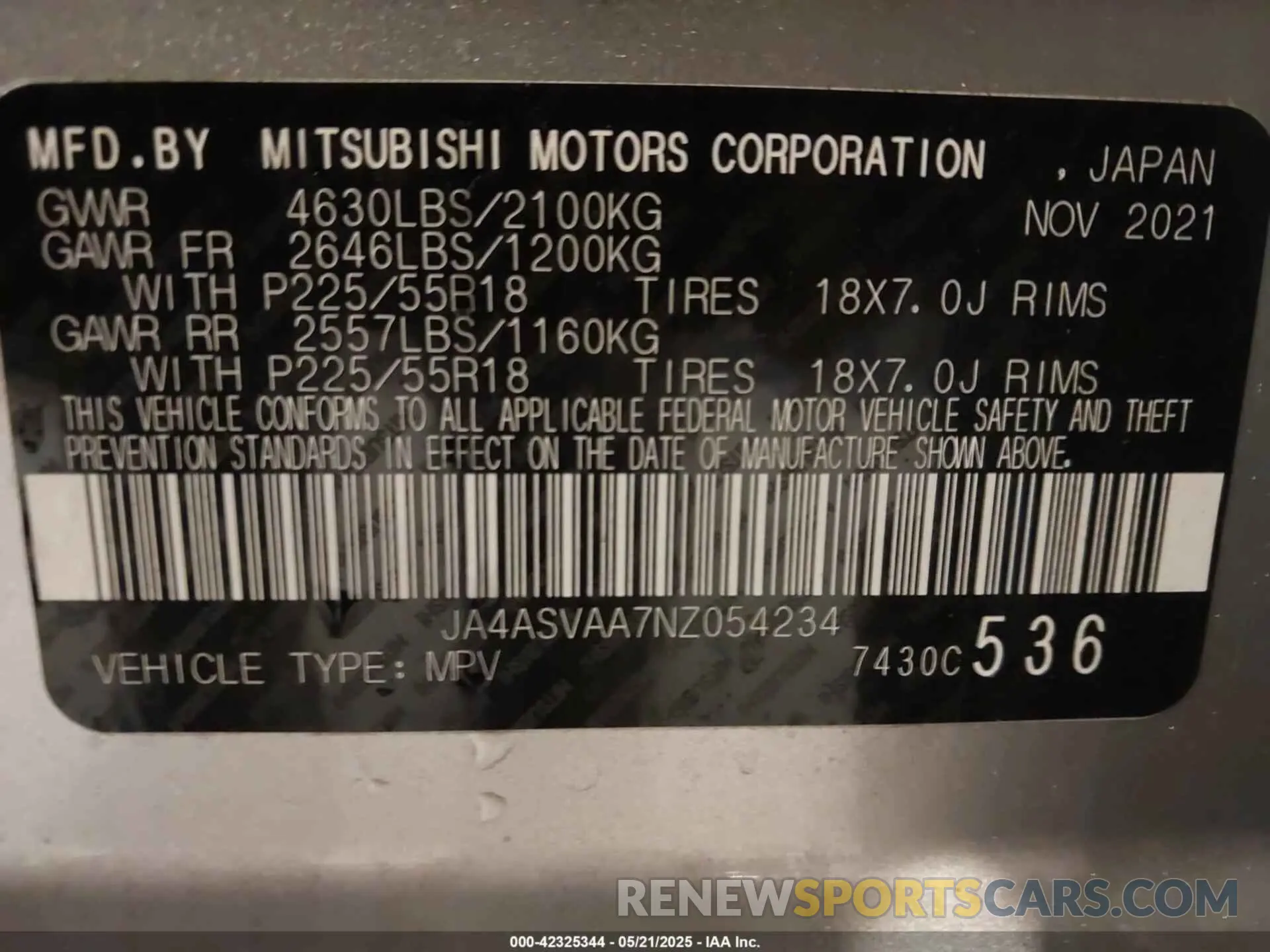 9 fotografías del automóvil dañado JA4ASVAA7NZ054234 MITSUBISHI ECLIPSE CROSS 2022
