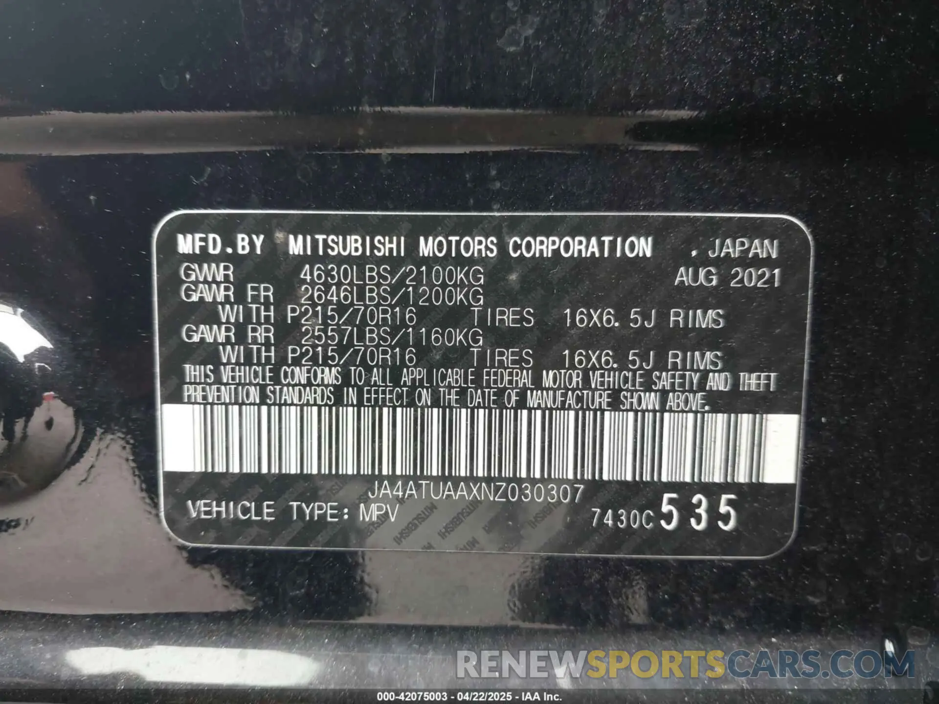 9 fotografías del automóvil dañado JA4ATUAAXNZ030307 MITSUBISHI ECLIPSE CROSS 2022