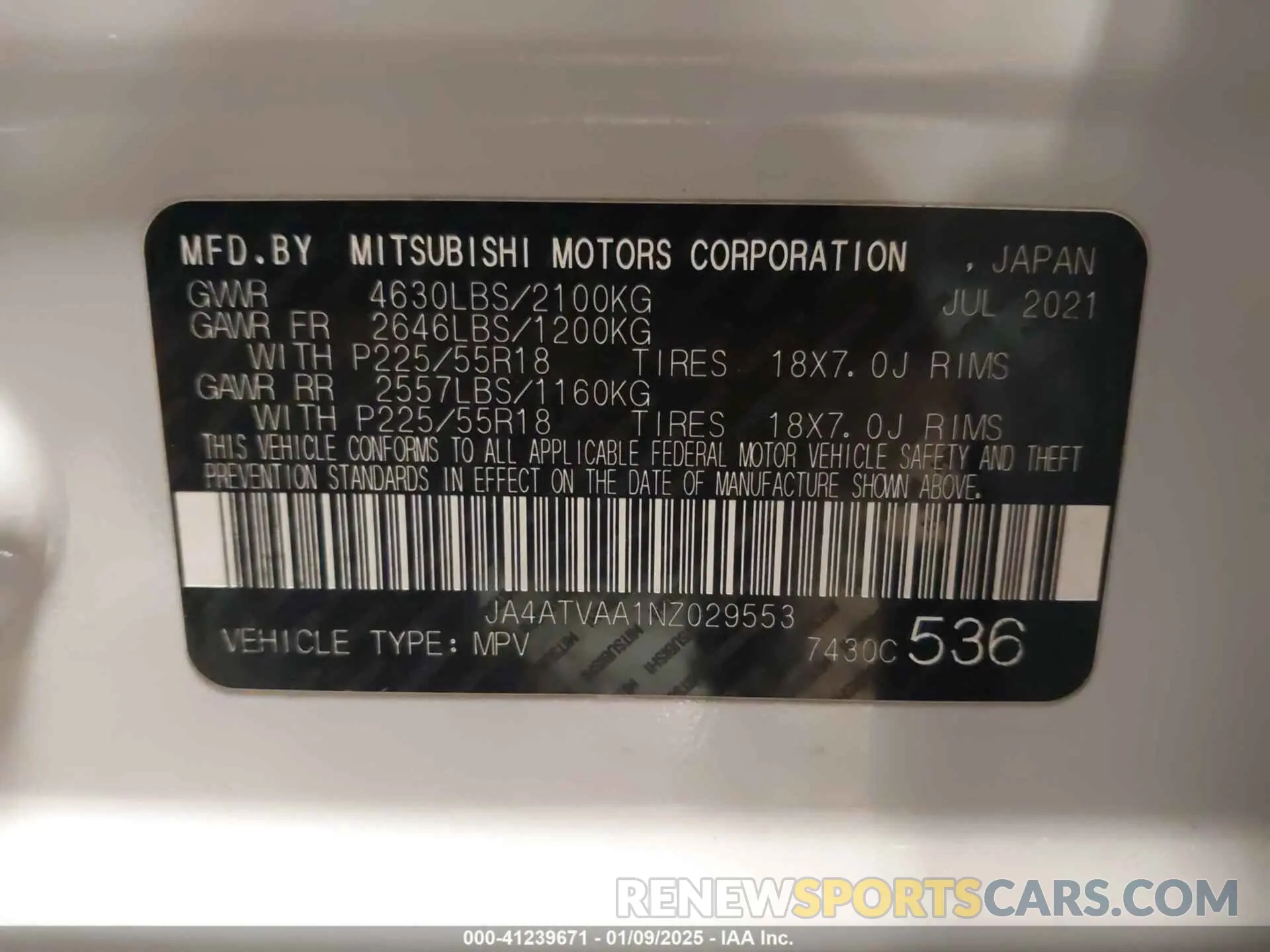 9 fotografías del automóvil dañado JA4ATVAA1NZ029553 MITSUBISHI ECLIPSE CROSS 2022