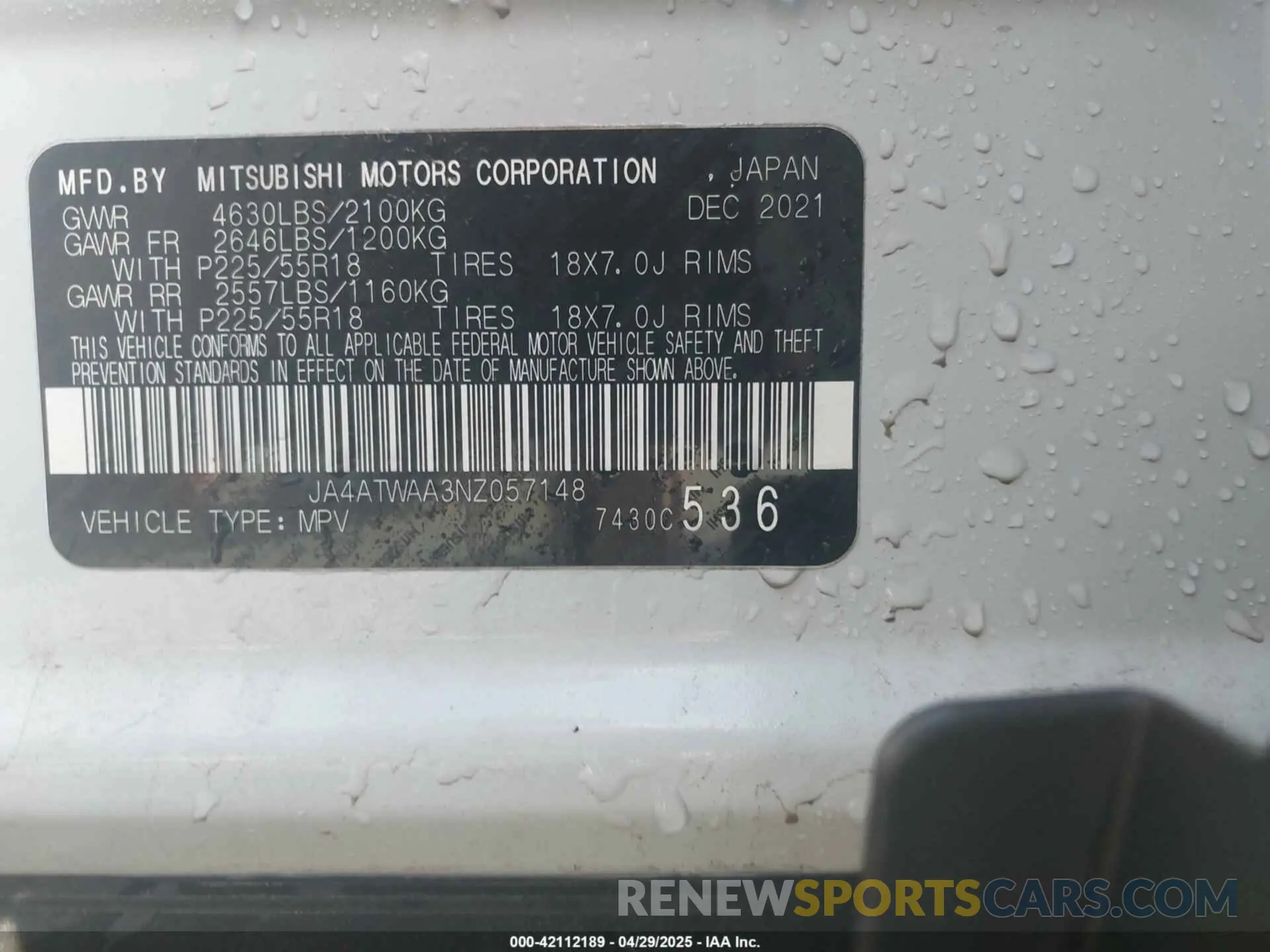 9 fotografías del automóvil dañado JA4ATWAA3NZ057148 MITSUBISHI ECLIPSE CROSS 2022