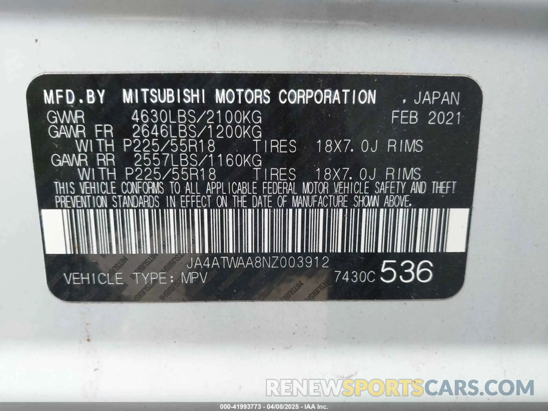 9 fotografías del automóvil dañado JA4ATWAA8NZ003912 MITSUBISHI ECLIPSE CROSS 2022