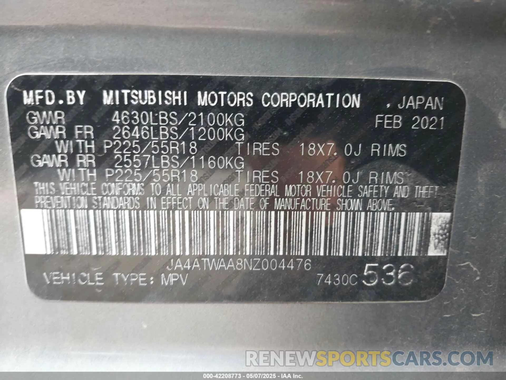 9 fotografías del automóvil dañado JA4ATWAA8NZ004476 MITSUBISHI ECLIPSE CROSS 2022