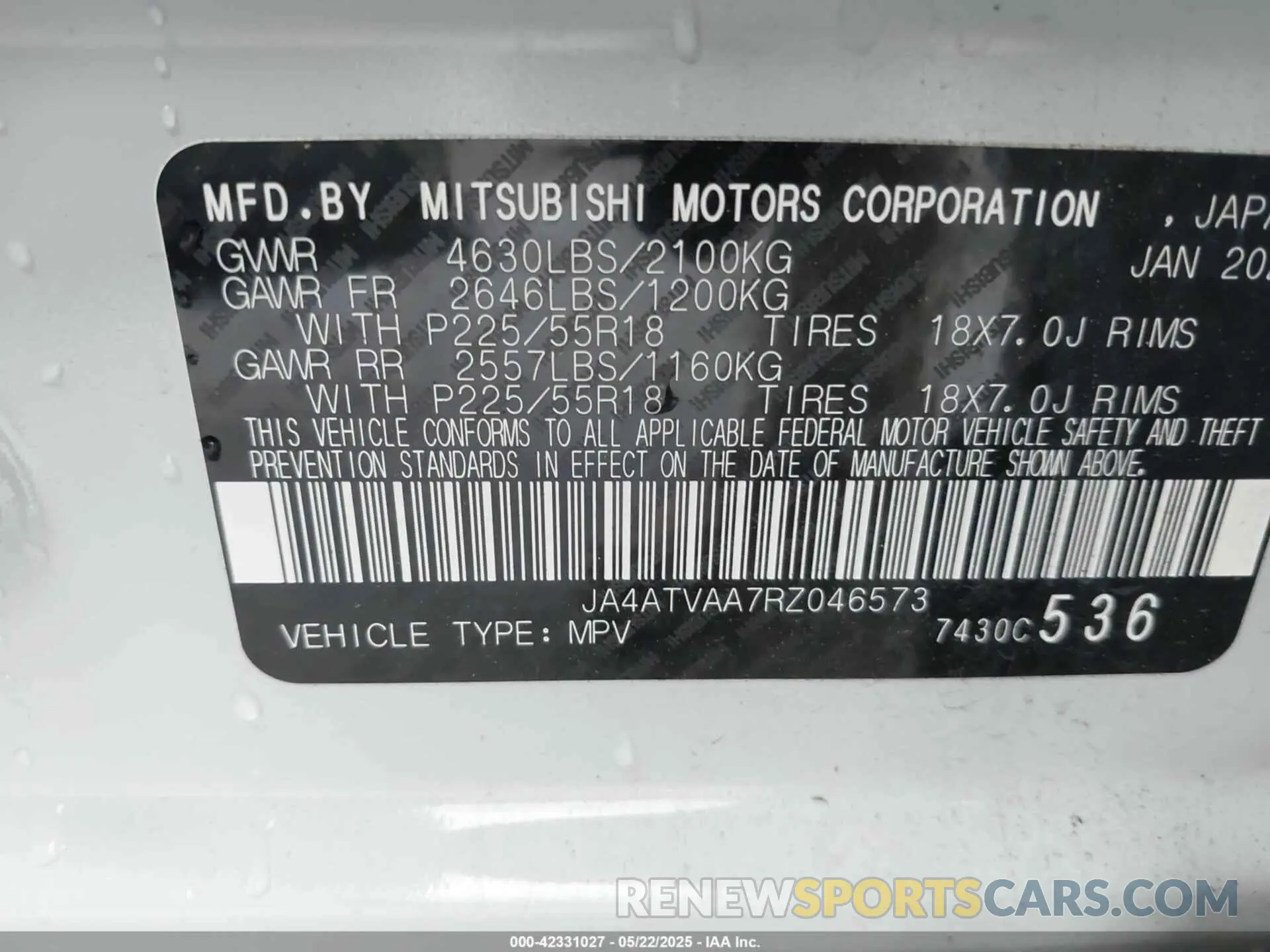 9 fotografías del automóvil dañado JA4ATVAA7RZ046573 MITSUBISHI ECLIPSE CROSS 2024