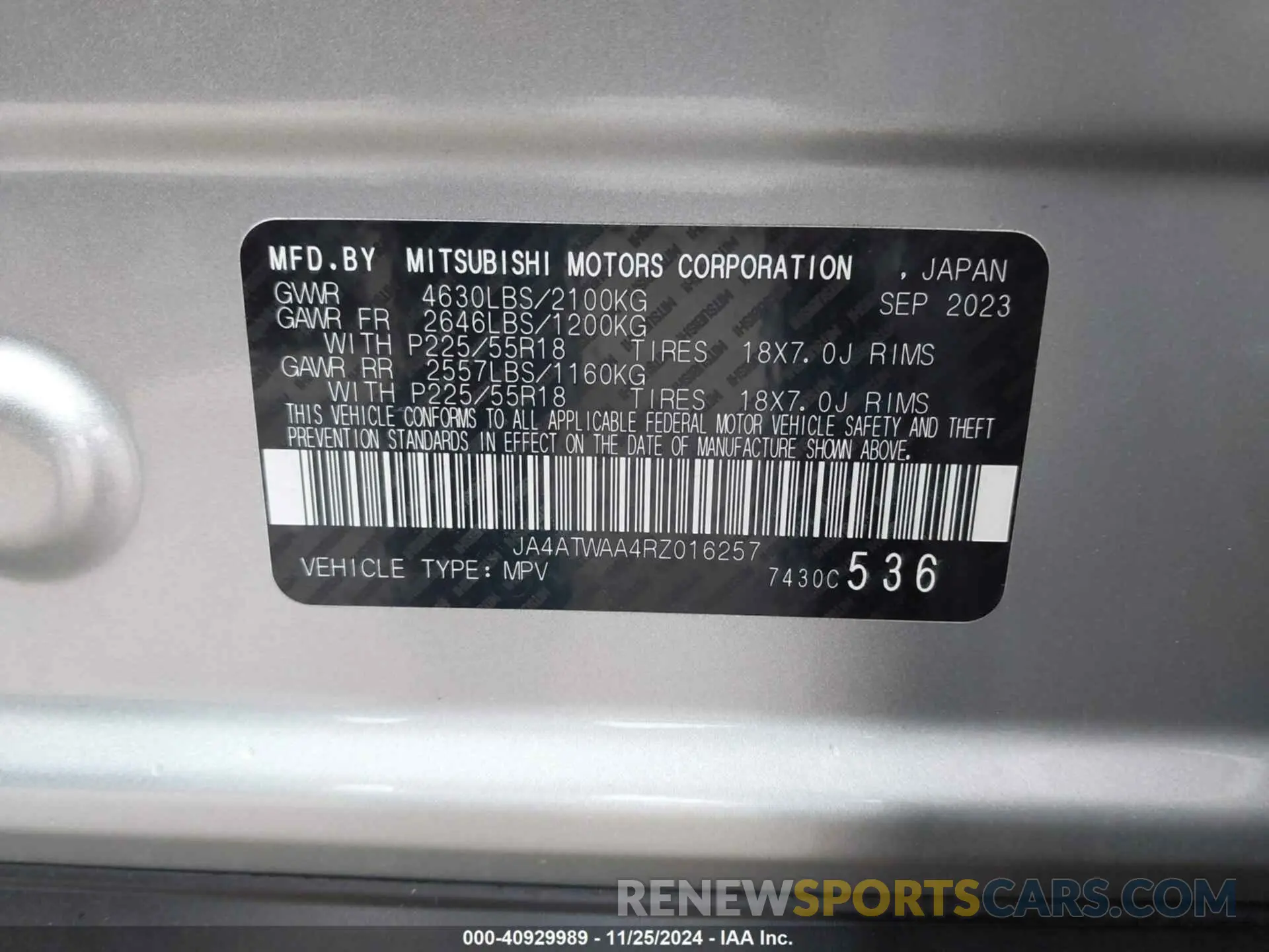 9 fotografías del automóvil dañado JA4ATWAA4RZ016257 MITSUBISHI ECLIPSE CROSS 2024