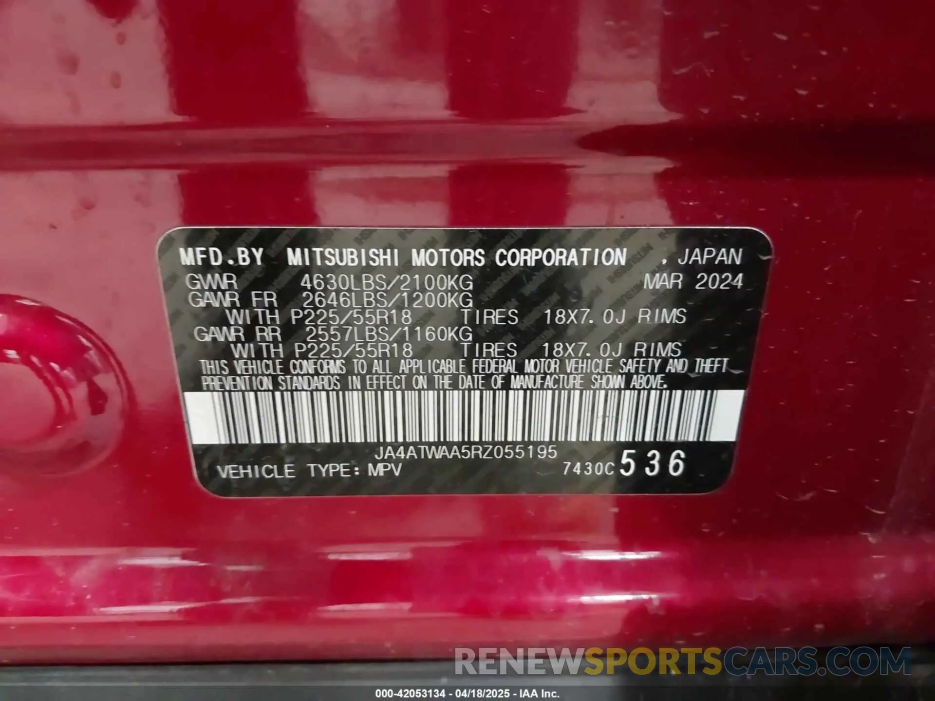 9 fotografías del automóvil dañado JA4ATWAA5RZ055195 MITSUBISHI ECLIPSE CROSS 2024