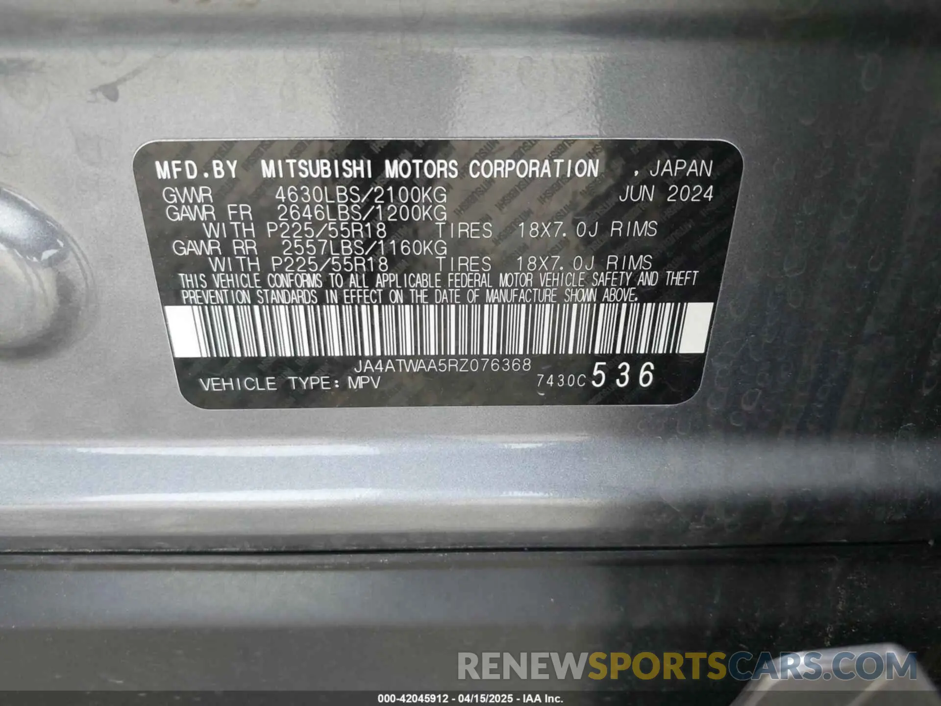 9 fotografías del automóvil dañado JA4ATWAA5RZ076368 MITSUBISHI ECLIPSE CROSS 2024