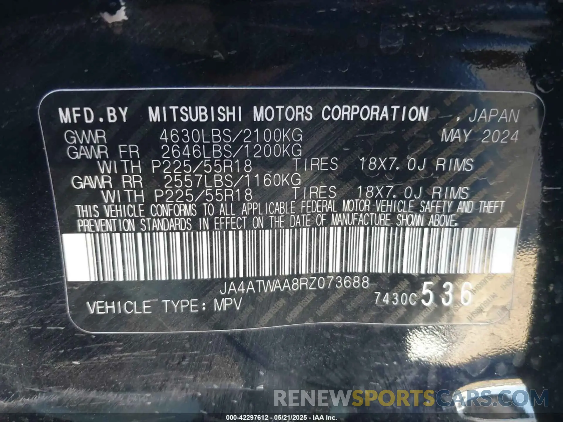 9 fotografías del automóvil dañado JA4ATWAA8RZ073688 MITSUBISHI ECLIPSE CROSS 2024