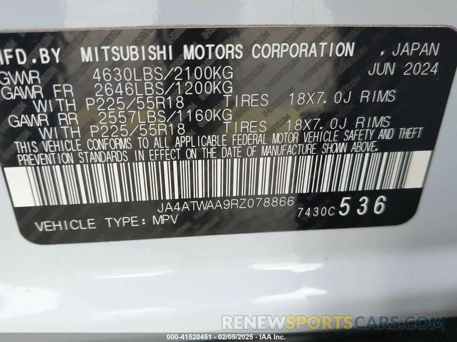 9 fotografías del automóvil dañado JA4ATWAA9RZ078866 MITSUBISHI ECLIPSE CROSS 2024