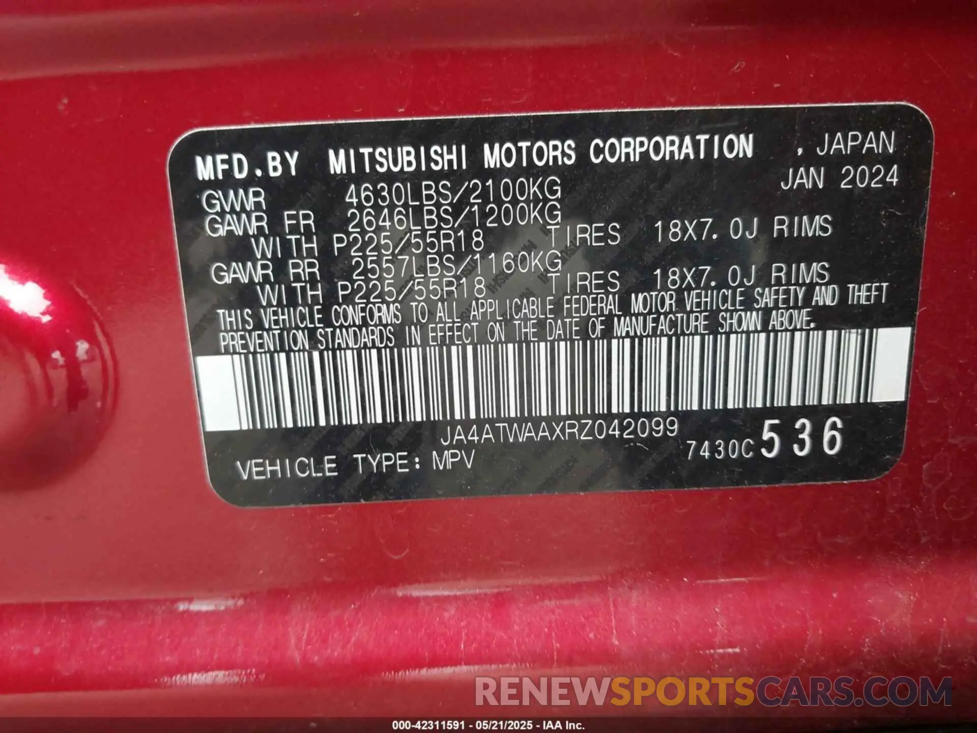 9 fotografías del automóvil dañado JA4ATWAAXRZ042099 MITSUBISHI ECLIPSE CROSS 2024